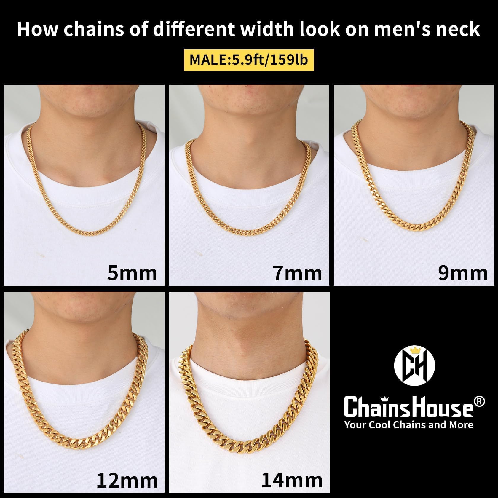 Stainless Steel Mens Cuban Link Chain, Black/ 18K Gold Plated Miami Cuban Chain Necklace, 5mm/7mm/9mm/12mm/14mm Width, No Tarnish& Durable Hip Hop Mens Jewelry, 18"-30", Send Gift Box