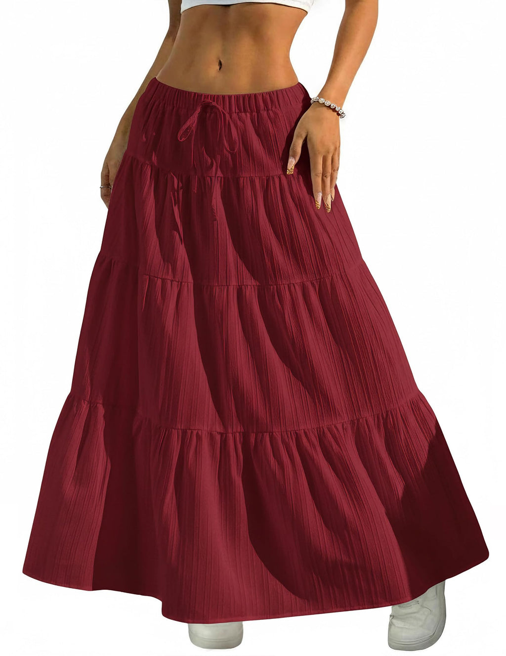 Women's Boho Flowy White Maxi Skirt Flared Ruffle Elastic Waist Summer A Line 2026 Spring Long Skirts