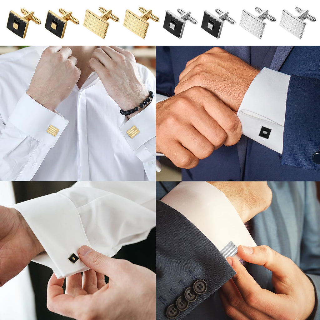 4 Pairs Cufflinks for Men Classic Tone Cuff Links Fashion Men Cufflinks Gold/Sliver Striped Disc Square Rectangle Cuff Links for Business Wedding Party Gift Box