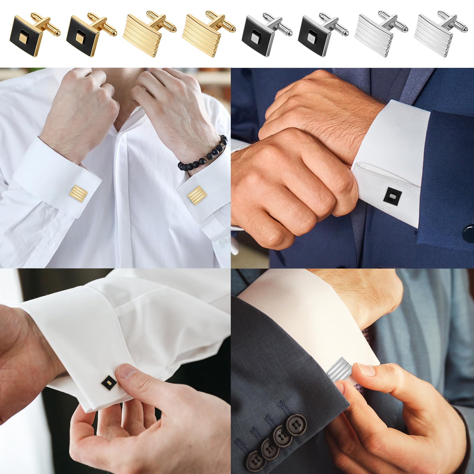 4 Pairs Cufflinks for Men Classic Tone Cuff Links Fashion Men Cufflinks Gold/Sliver Striped Disc Square Rectangle Cuff Links for Business Wedding Party Gift Box