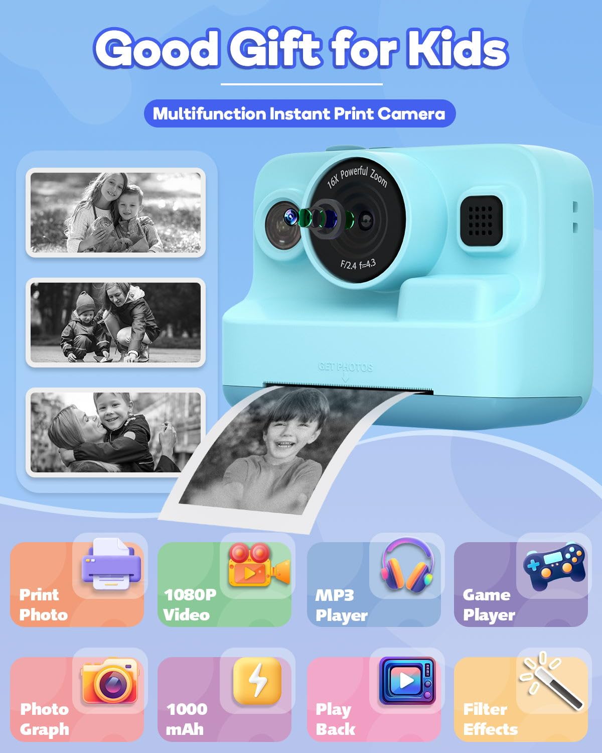 Dylanto Kids Camera Instant Print,1080P Kids Instant Cameras that Print Photos,Christmas Birthday Gifts for Girls Age 3-12,Portable Toy for 3 4 5 6 7 8 9 10 Year Old Girls Boys Pink