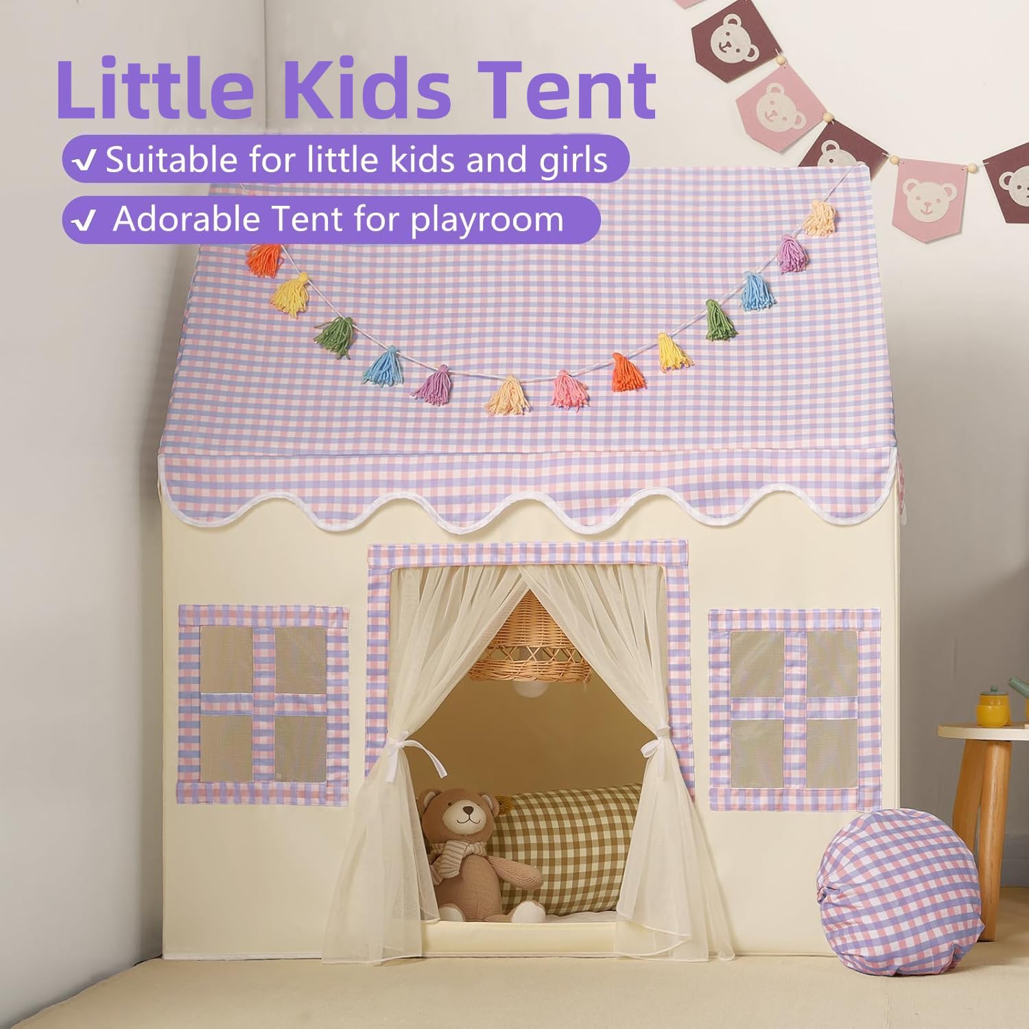 Kids Play Tent Indoor: with Mat, Tassel Garland, Star Lights - Girl Tent Indoor Playhouse for Kids Toys for Boy Girl Birthday Gift