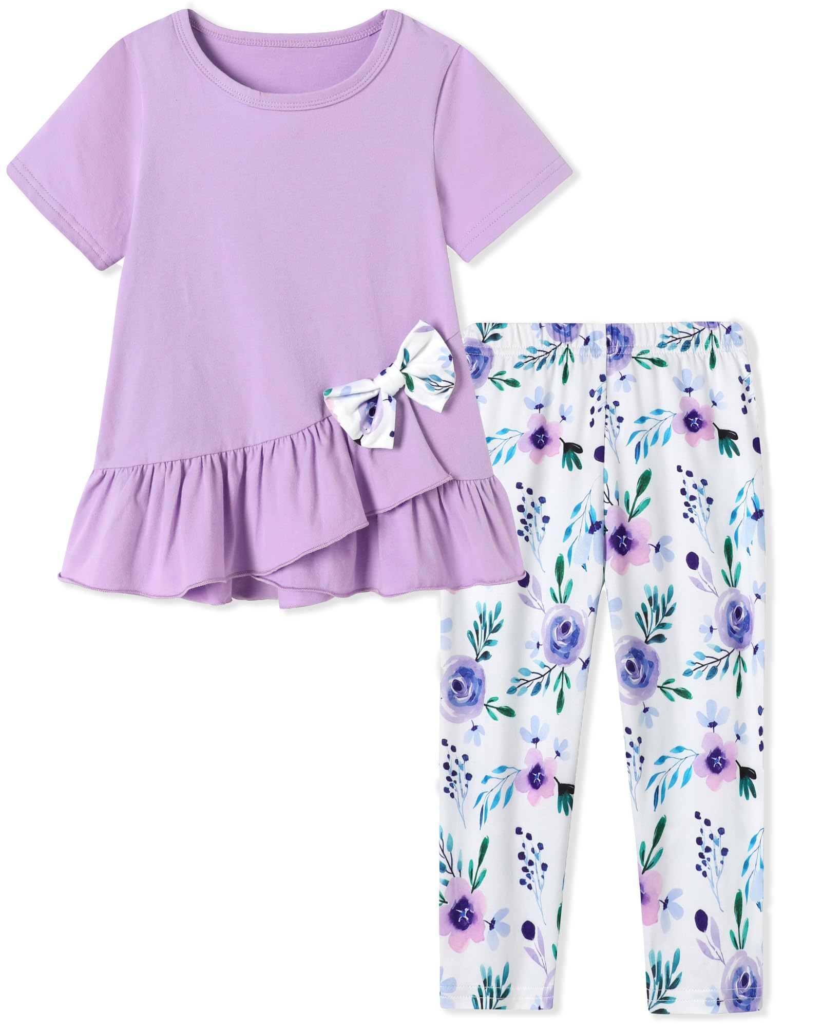 Toddler Girl Clothes 2-8Years Girls Outfit, Short Sleeve Ruffle Bowknot Top+Floral Capri Pants 2Pcs Spring Summer Set
