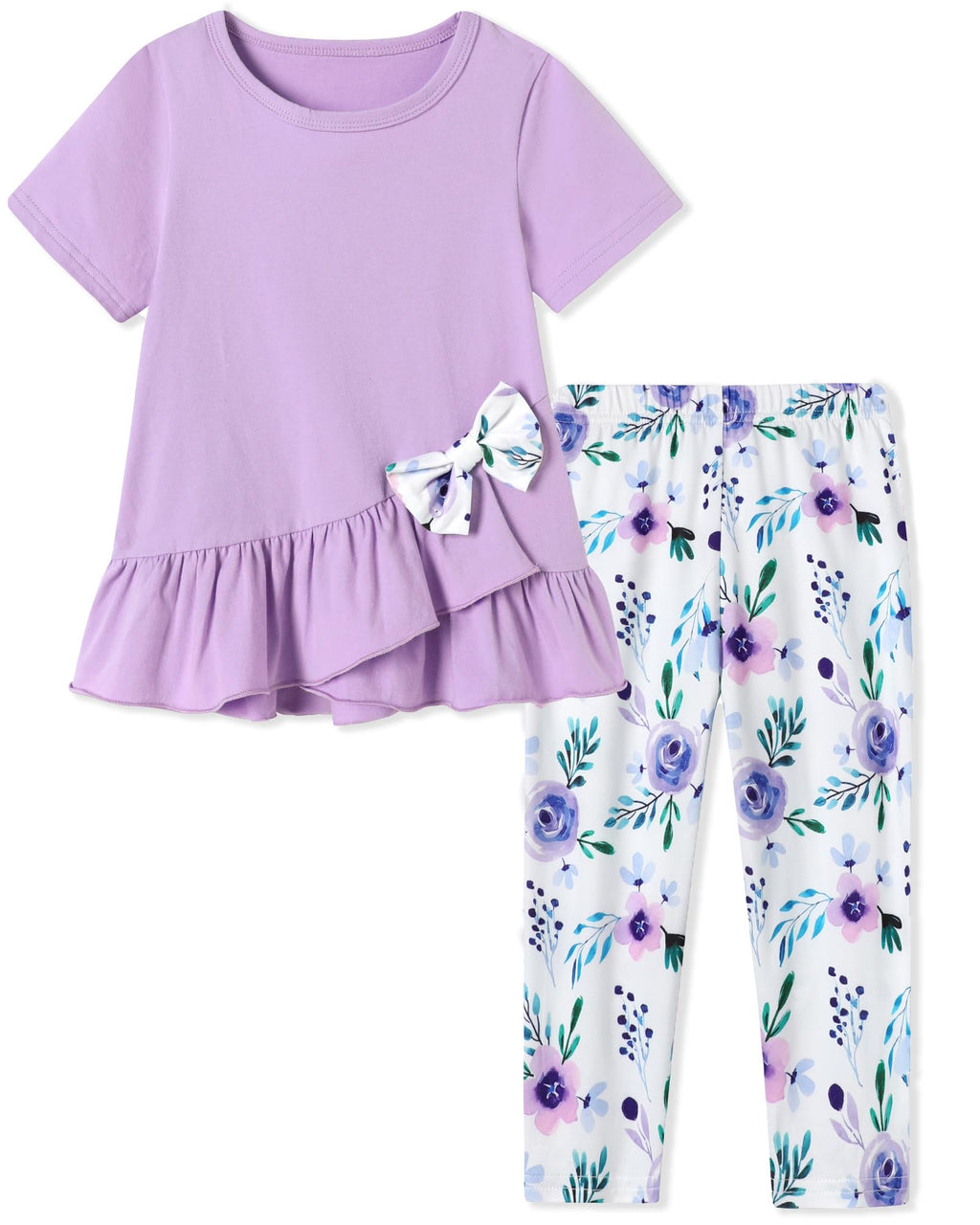 Toddler Girl Clothes 2-8Years Girls Outfit, Short Sleeve Ruffle Bowknot Top+Floral Capri Pants 2Pcs Spring Summer Set