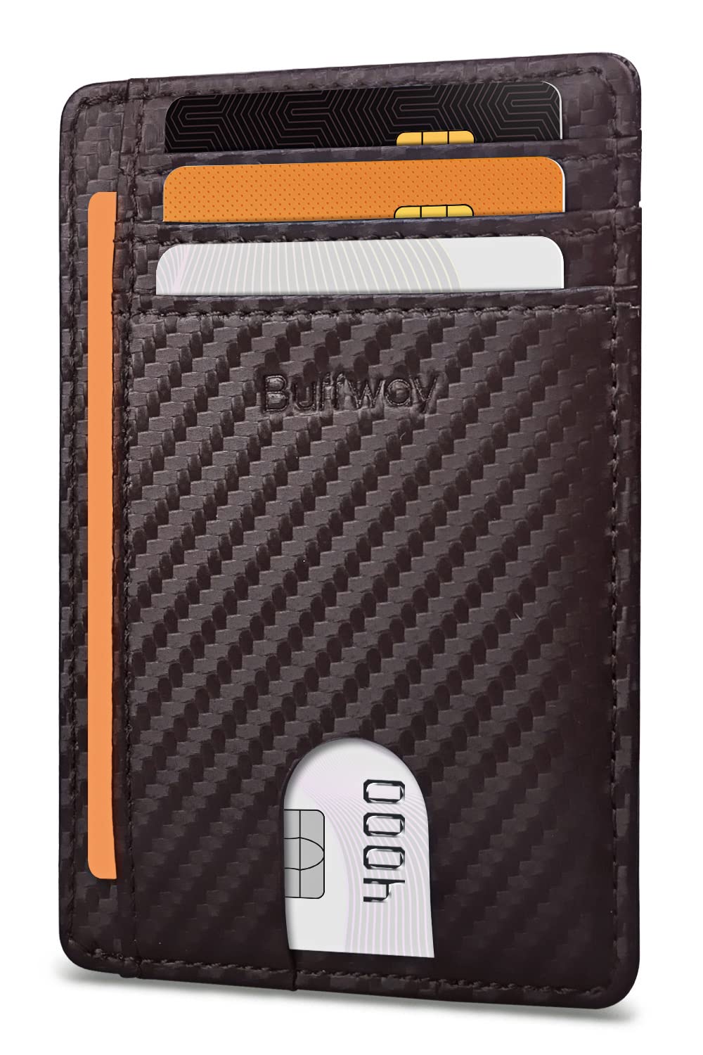 Slim Minimalist Front Pocket RFID Blocking Leather Wallets for Men and Women - Carbon Fiber Black