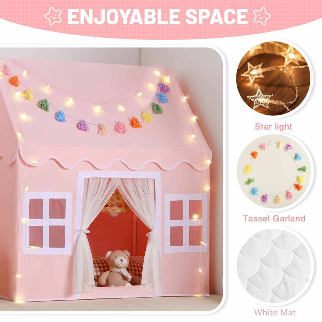 Kids Play Tent Indoor: with Mat, Tassel Garland, Star Lights - Girl Tent Indoor Playhouse for Kids Toys for Boy Girl Birthday Gift