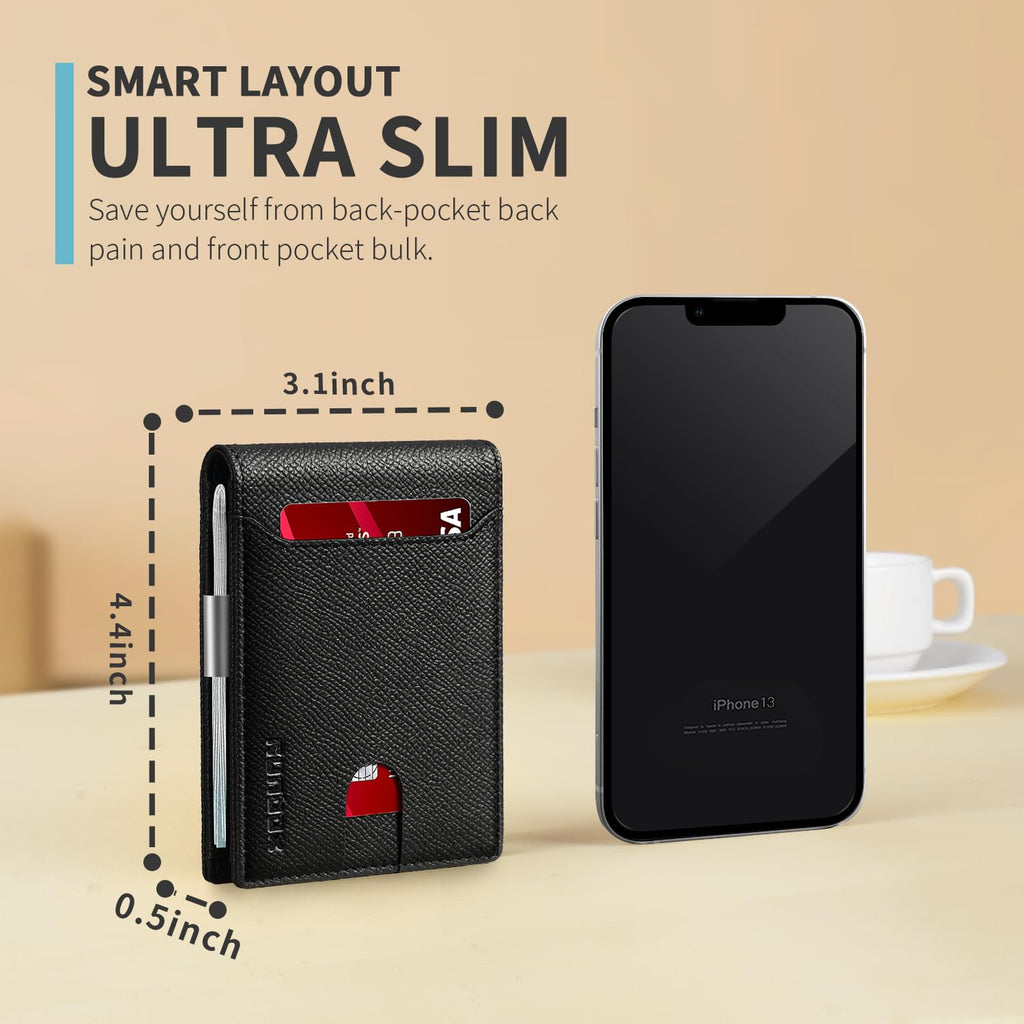 Slim Wallets for Men - Leather Money Clip Mens Wallet - RFID Blocking Front Pocket Bifold Wallet - Thin Credit Card Holder with Gift Box