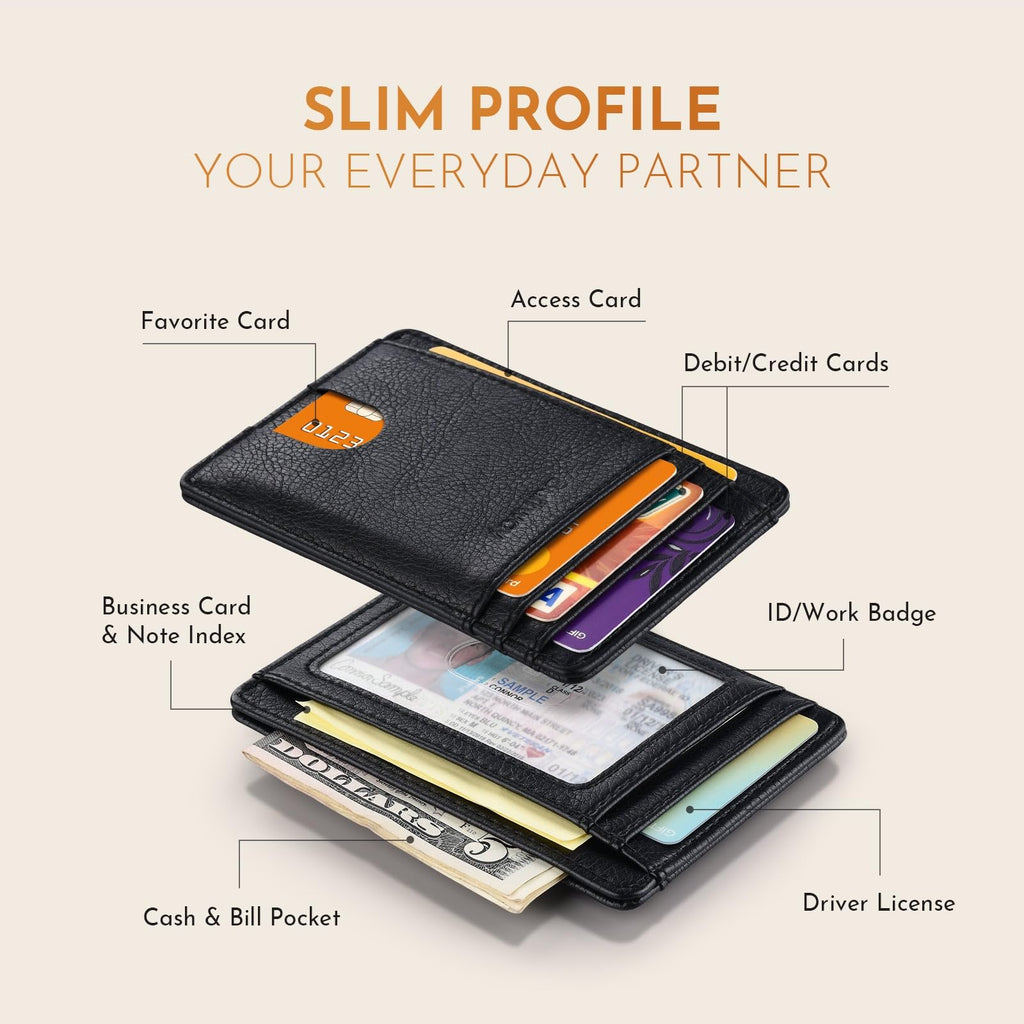 Slim Minimalist Front Pocket RFID Blocking Leather Wallets for Men and Women - Carbon Fiber Black