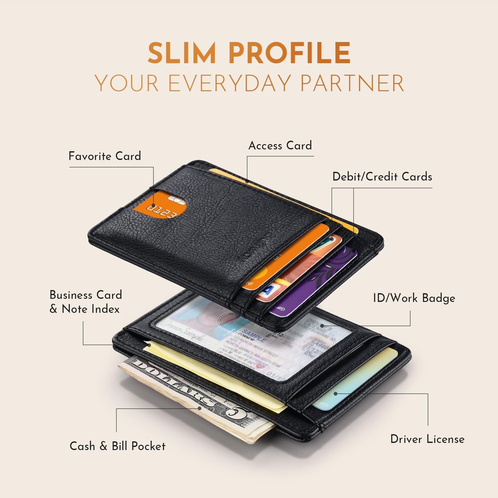 Slim Minimalist Front Pocket RFID Blocking Leather Wallets for Men and Women - Carbon Fiber Black
