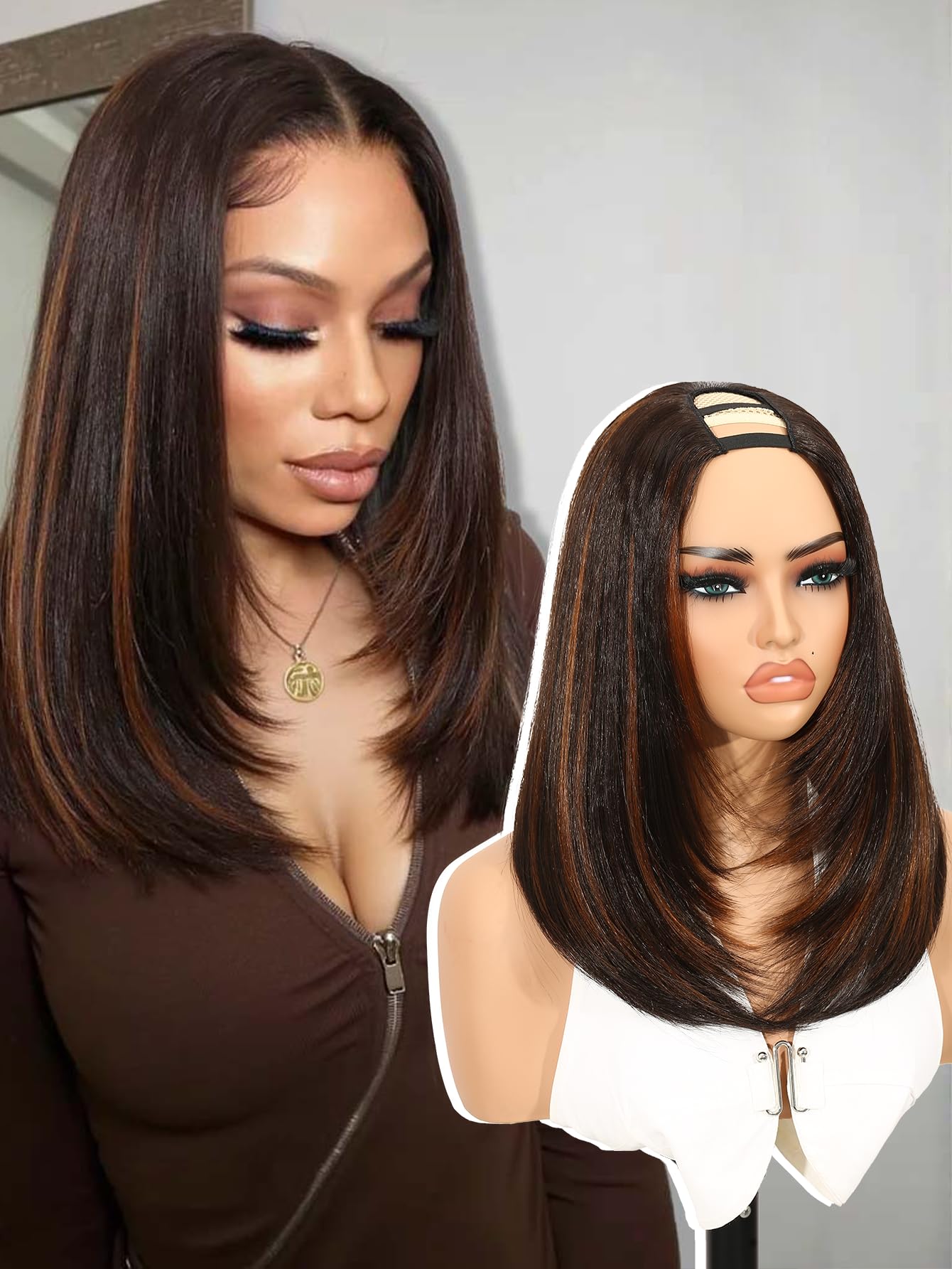 Yaki Straight Layered U Part Wigs V Part Glueless Clip in Half Wigs for Women Realistic Natural Looking Heat Resistant Synthetic Hair(24inch,Natural Black)