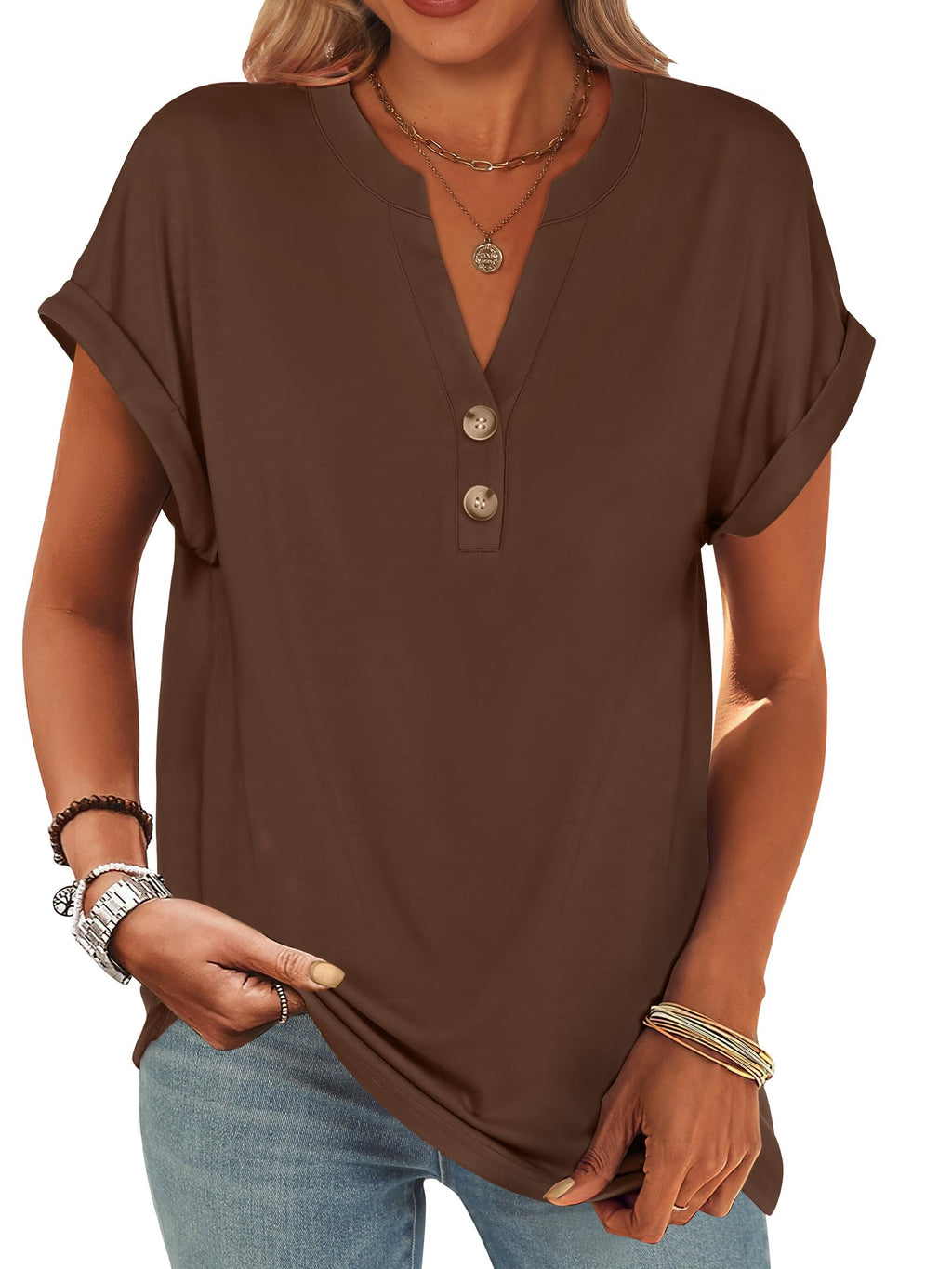 ANRABESS Womens Short Sleeve Henley Tops V Neck Dressy Casual Blouses Summer Trendy Tee Shirts 2026 Vacation Fashion Clothes