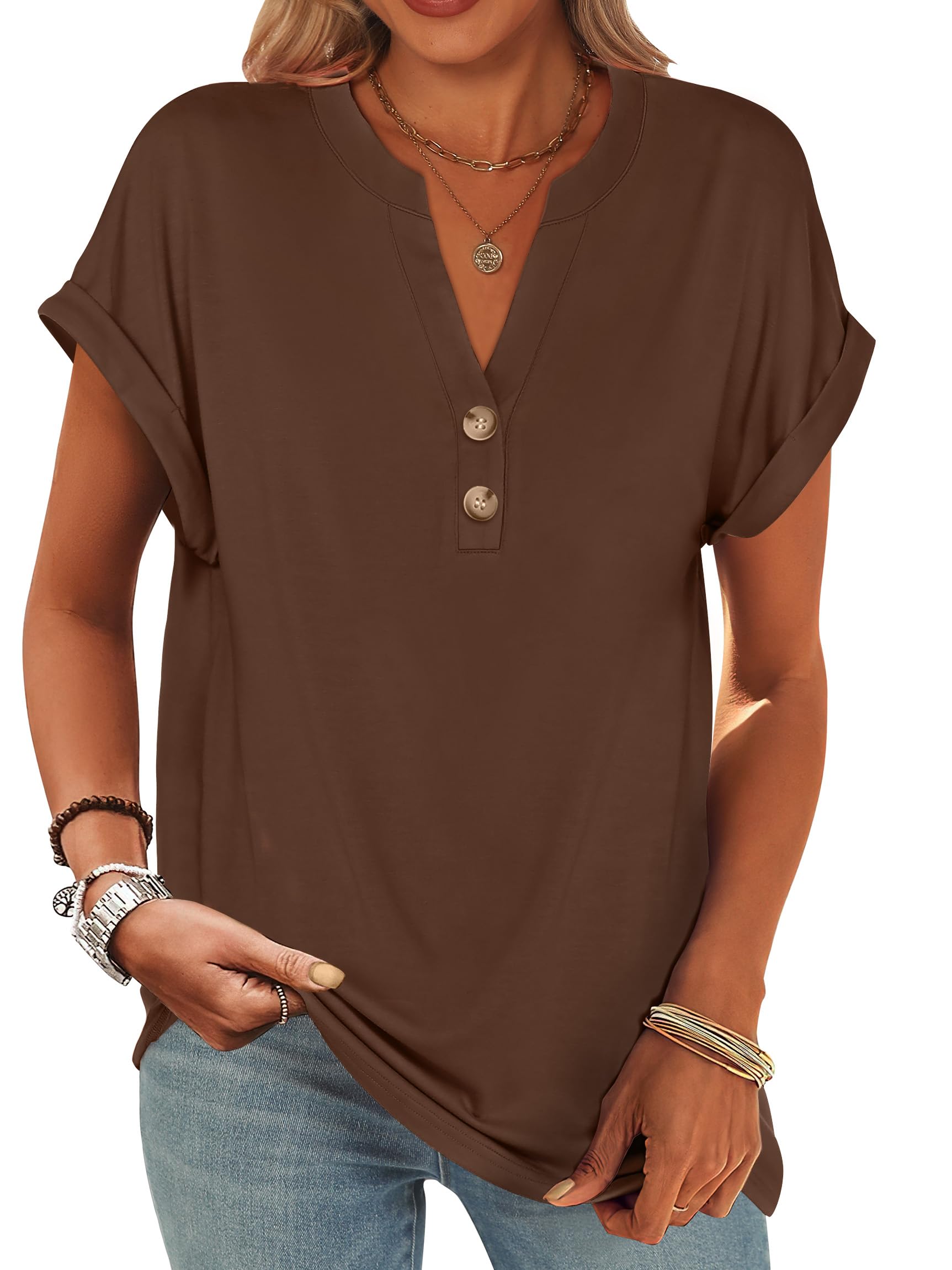 ANRABESS Womens Short Sleeve Henley Tops V Neck Dressy Casual Blouses Summer Trendy Tee Shirts 2026 Vacation Fashion Clothes