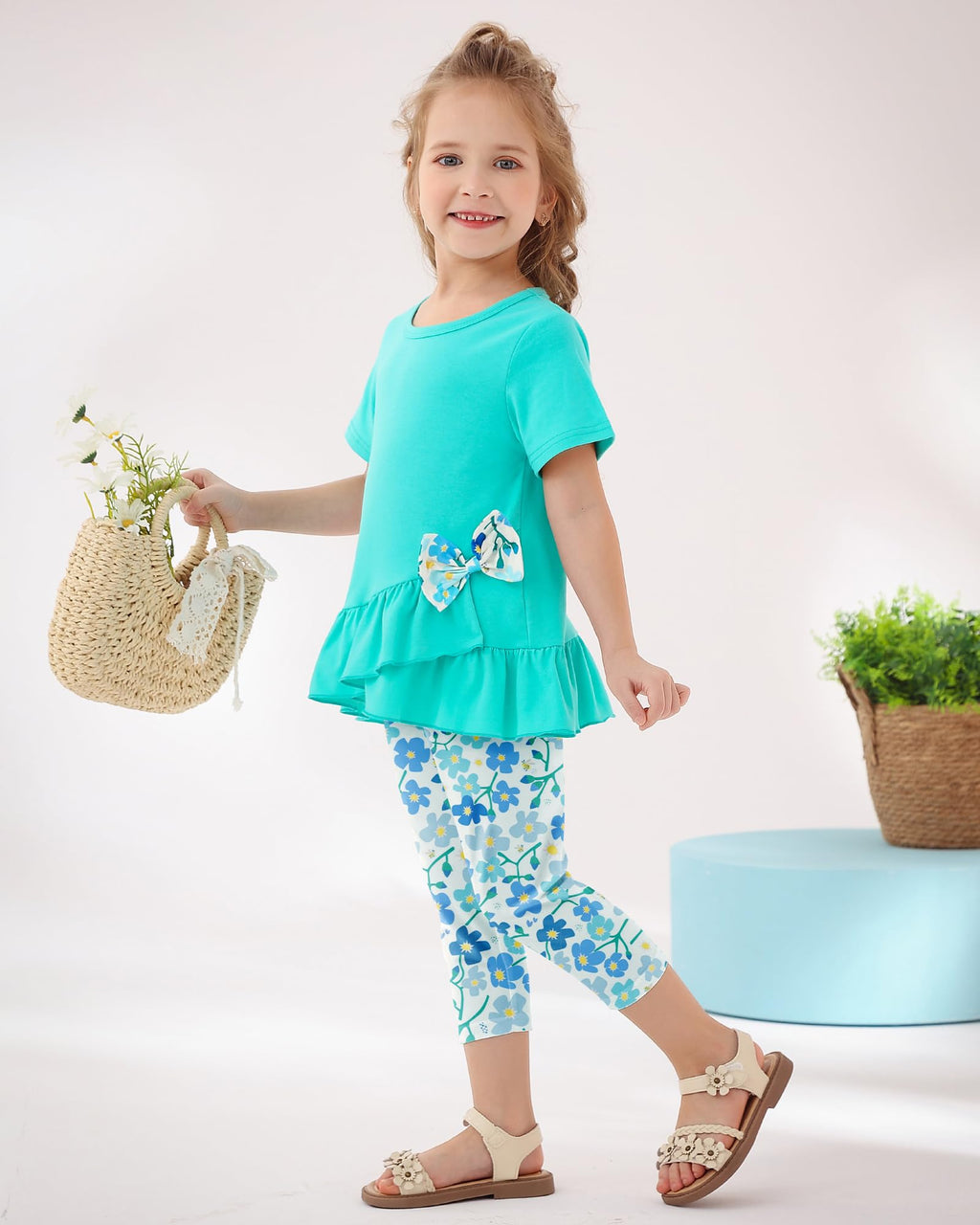 Toddler Girl Clothes 2-8Years Girls Outfit, Short Sleeve Ruffle Bowknot Top+Floral Capri Pants 2Pcs Spring Summer Set