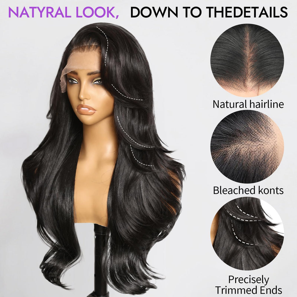 13x4 HD Lace Front Glueless Wigs for Women Black Long Layered Wave Wig Natural Hairline Heat Resistant Synthetic for Daily Use Beginner Friendly 26 Inch