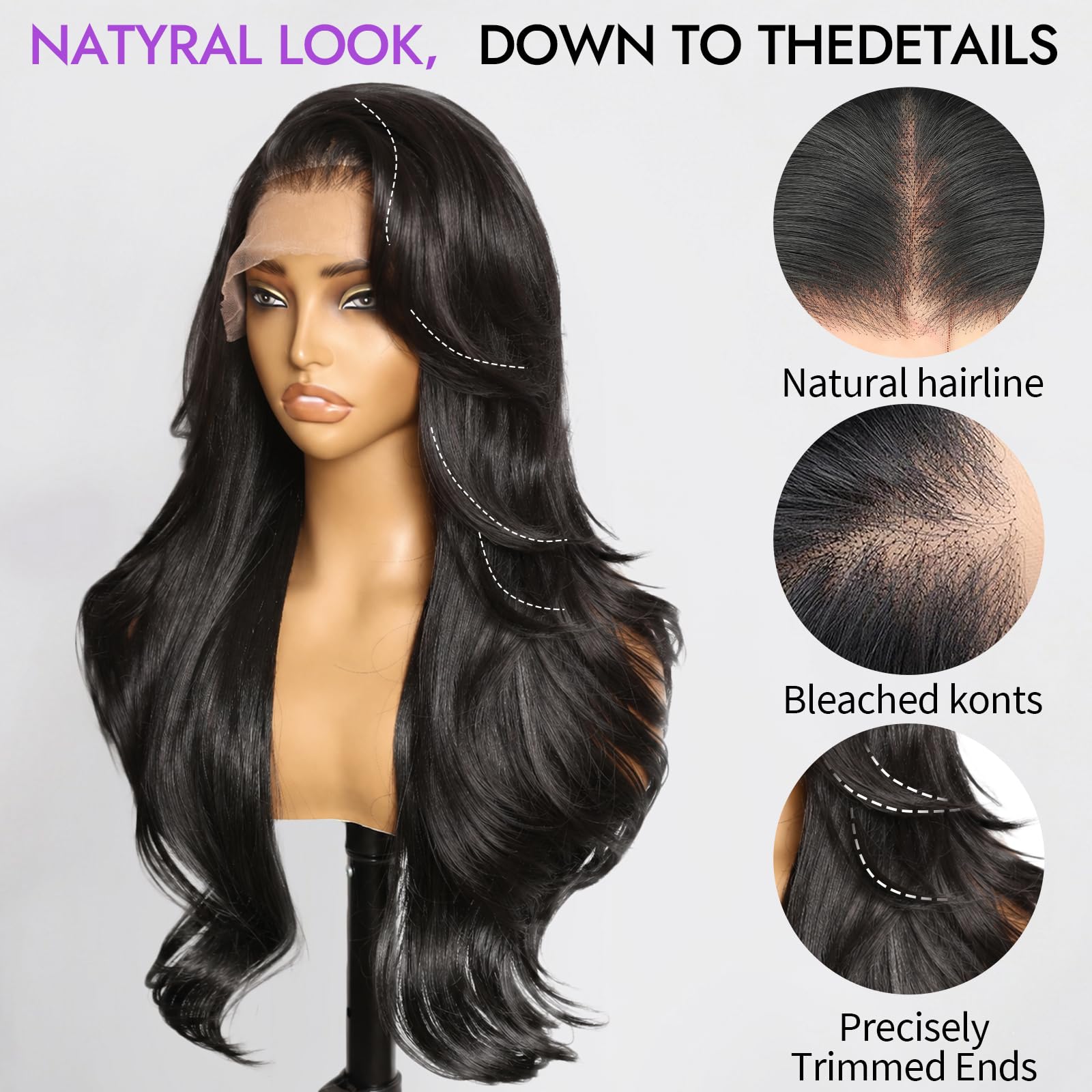 13x4 HD Lace Front Glueless Wigs for Women Black Long Layered Wave Wig Natural Hairline Heat Resistant Synthetic for Daily Use Beginner Friendly 26 Inch