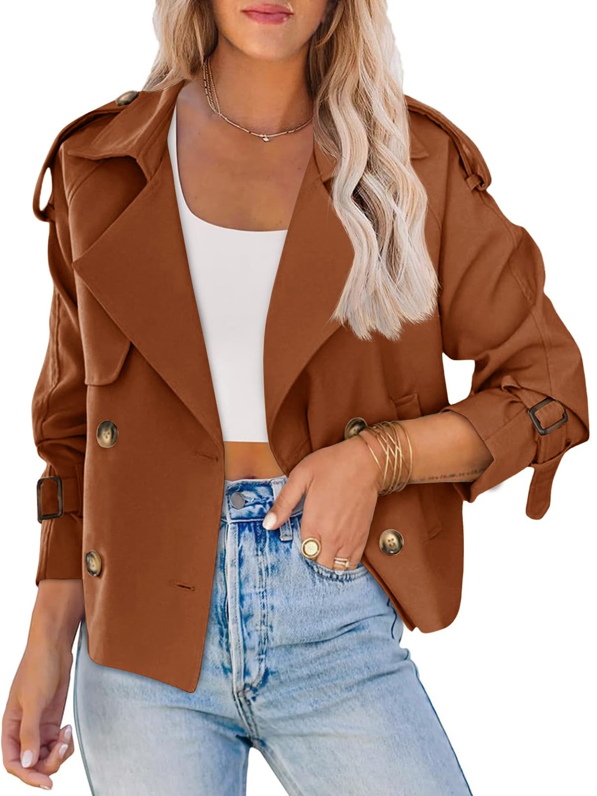 Women Crop Double Breasted Trench Coat Raglan Sleeve Work Office Cropped Jacket With Pockets