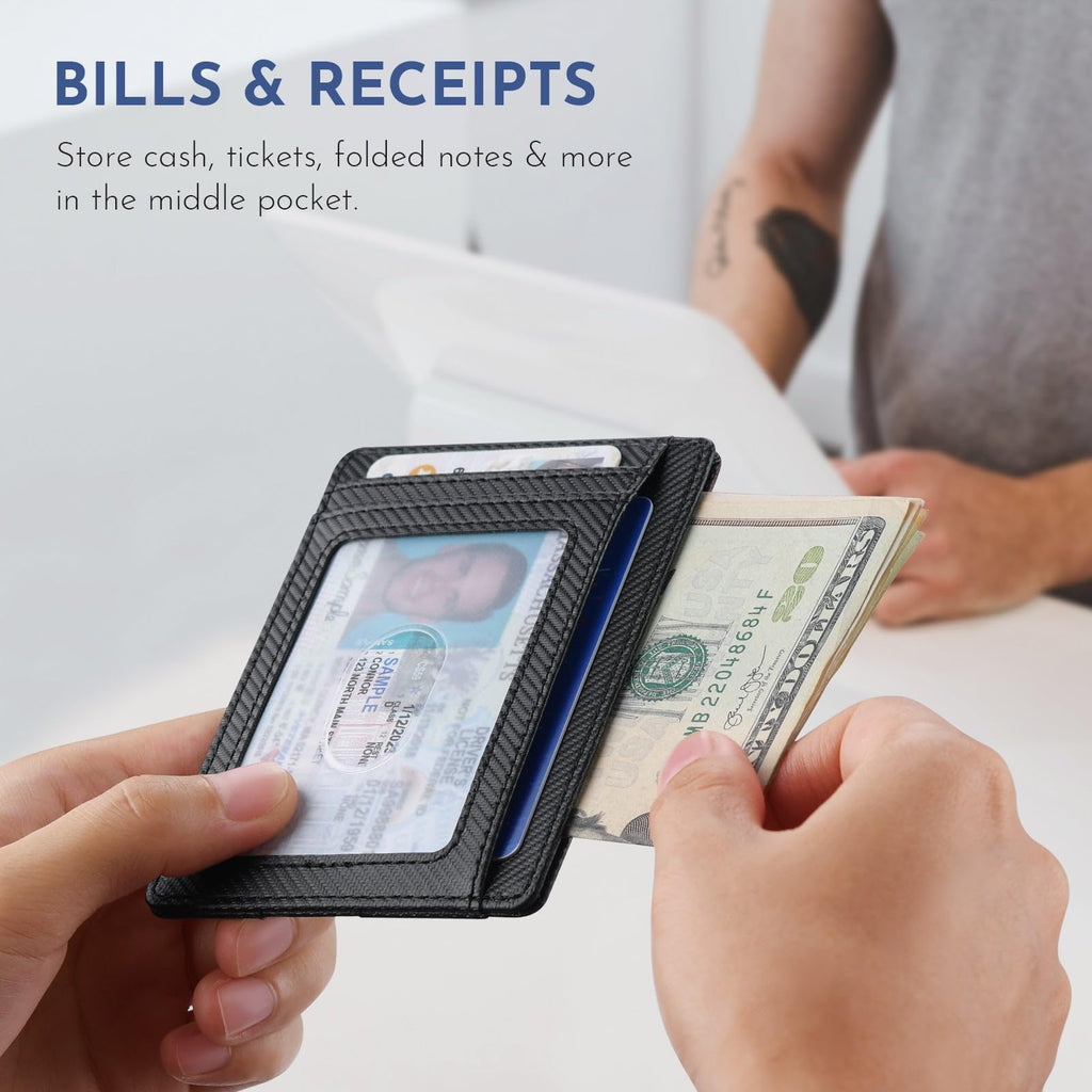 Slim Minimalist Front Pocket RFID Blocking Leather Wallets for Men and Women - Carbon Fiber Black