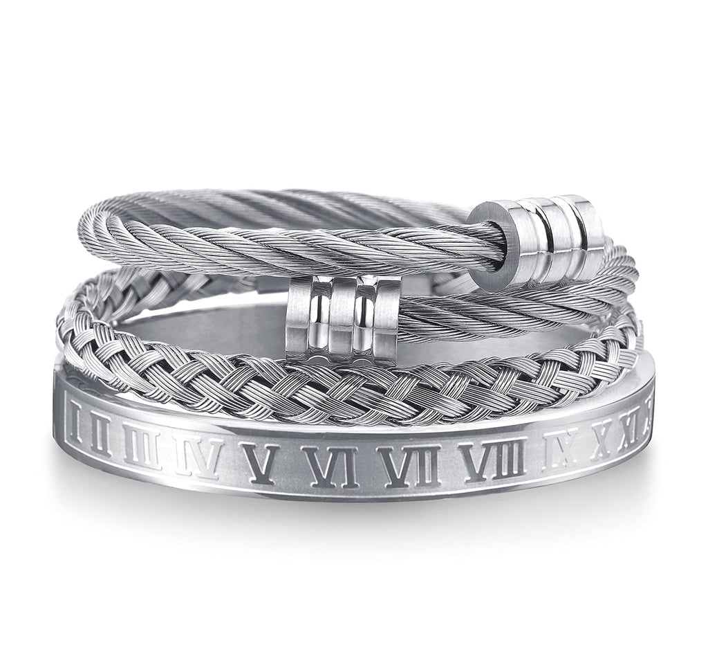 3PCS Stainless Steel Bracelets for Men Gold Roman Numeral Bangle Bracelet Twisted Cable Bracelet Adjustable Cuff Bracelet Mens Luxury Jewelry Bracelets Gifts