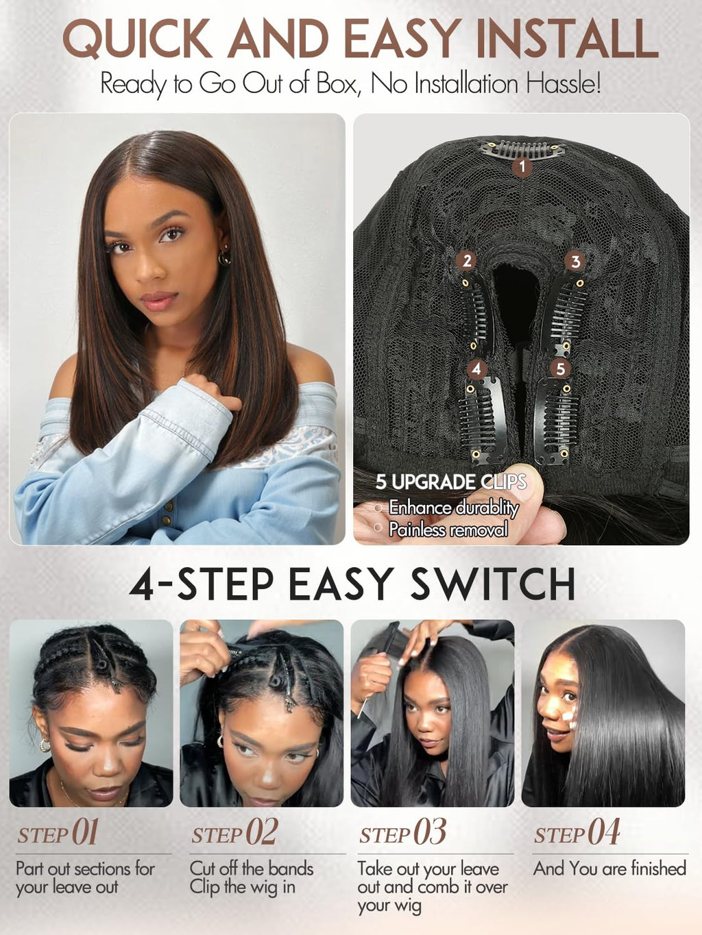 Yaki Straight Layered U Part Wigs V Part Glueless Clip in Half Wigs for Women Realistic Natural Looking Heat Resistant Synthetic Hair(24inch,Natural Black)