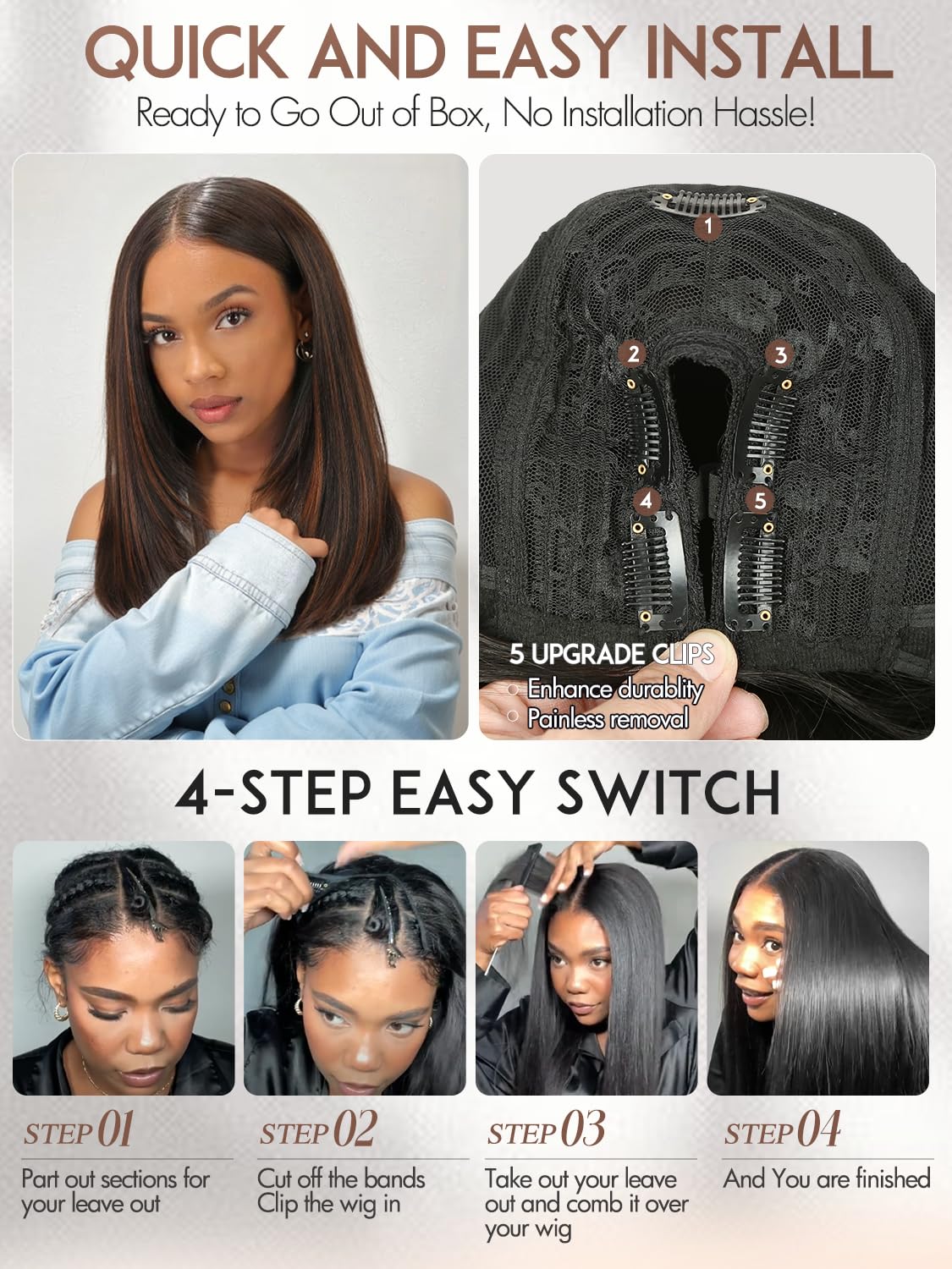 Yaki Straight Layered U Part Wigs V Part Glueless Clip in Half Wigs for Women Realistic Natural Looking Heat Resistant Synthetic Hair(24inch,Natural Black)
