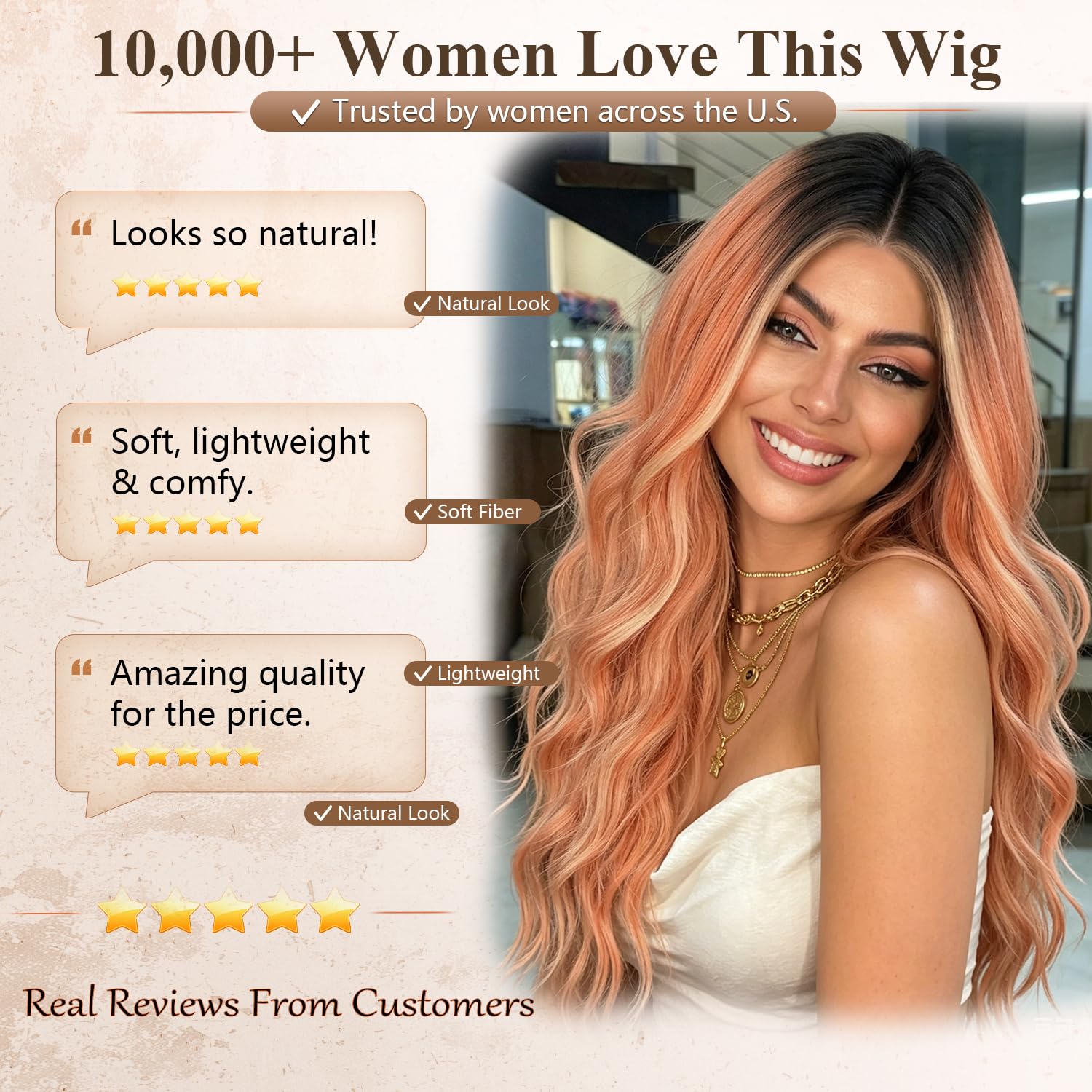 Long Brown Mixed Blonde Wavy Wig 4x1 Lace Natural Hairline Middle Part Curly Heat-Resistant Synthetic Fiber for Women & Beginners Daily Party Use 26In