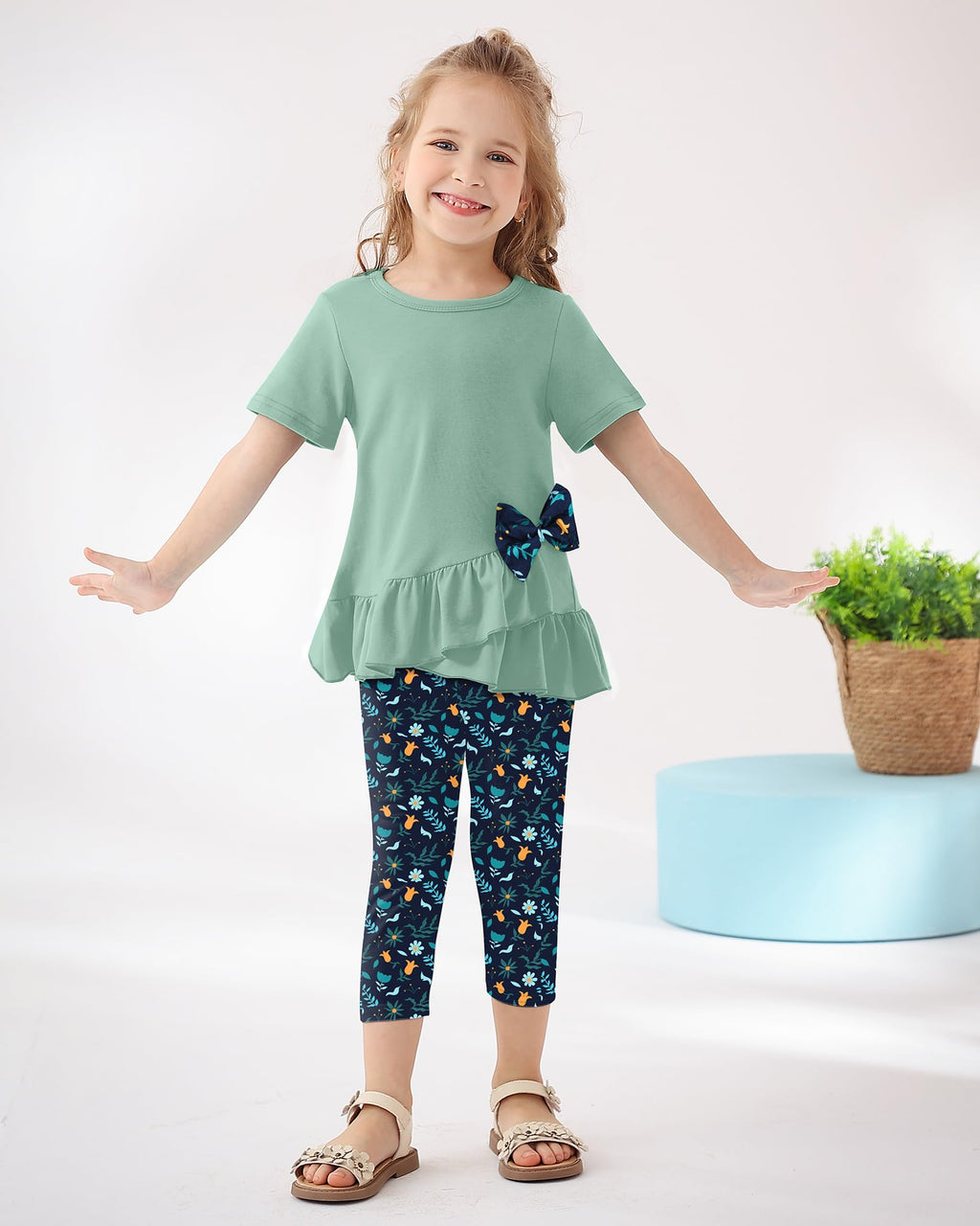 Toddler Girl Clothes 2-8Years Girls Outfit, Short Sleeve Ruffle Bowknot Top+Floral Capri Pants 2Pcs Spring Summer Set