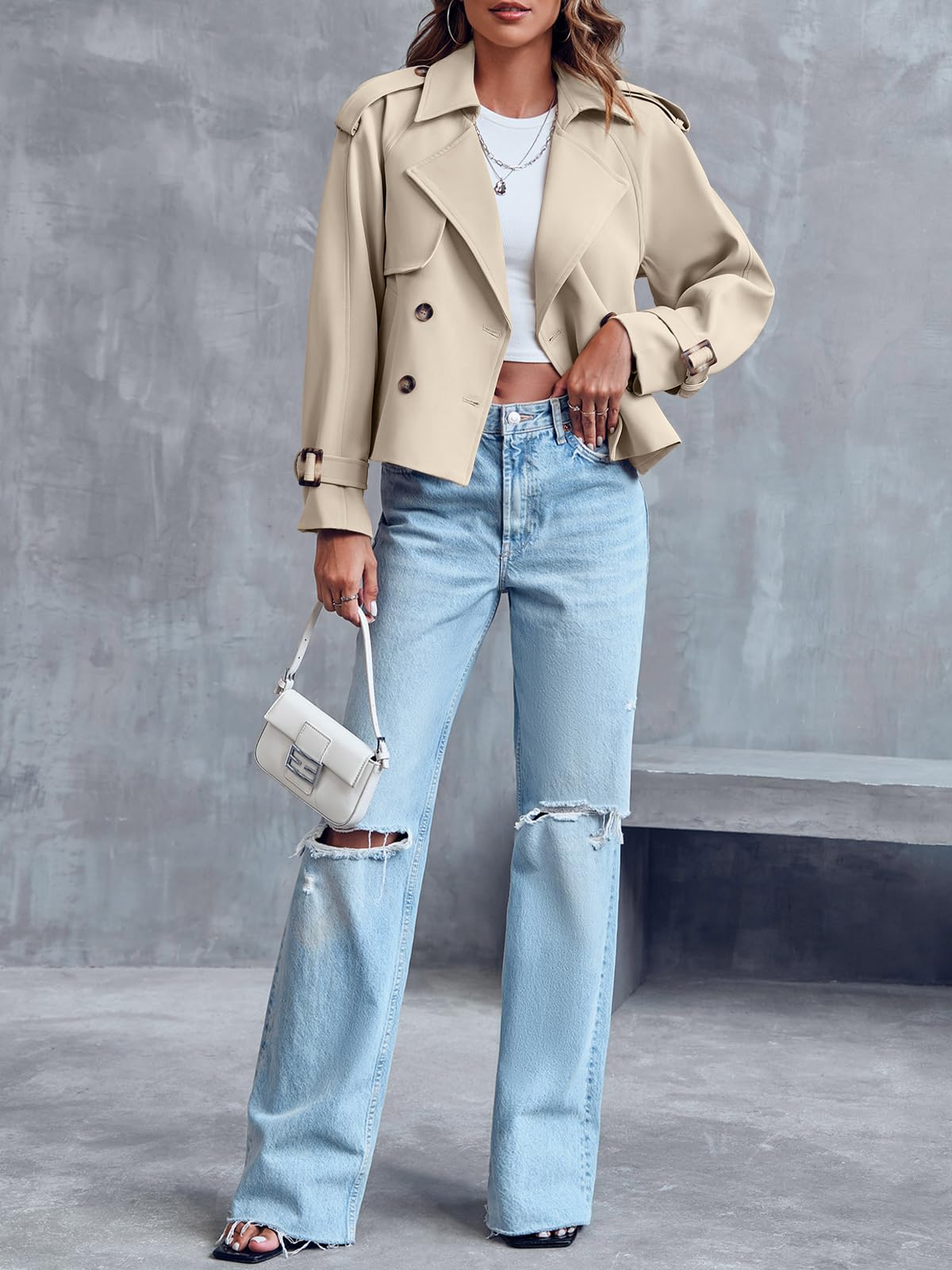 Women Crop Double Breasted Trench Coat Raglan Sleeve Work Office Cropped Jacket With Pockets