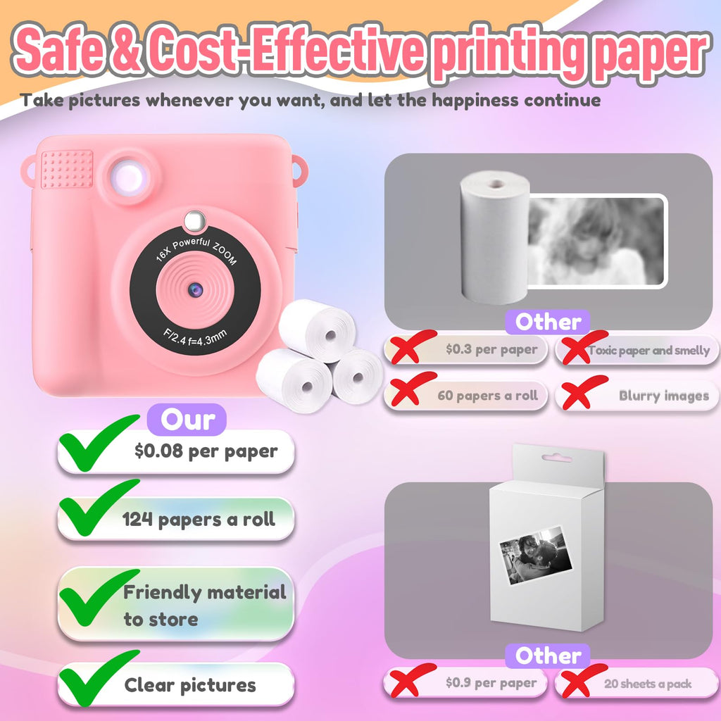 ESOXOFFORE Instant Print Camera for Kids, Christmas Birthday Gifts for Girls Boys Age 3-12,Kids Digital Cameras for Toddler, Portable Toy for 3 4 5 6 7 8 9 10 Year Old Girl with 32GB SD Card-Purple