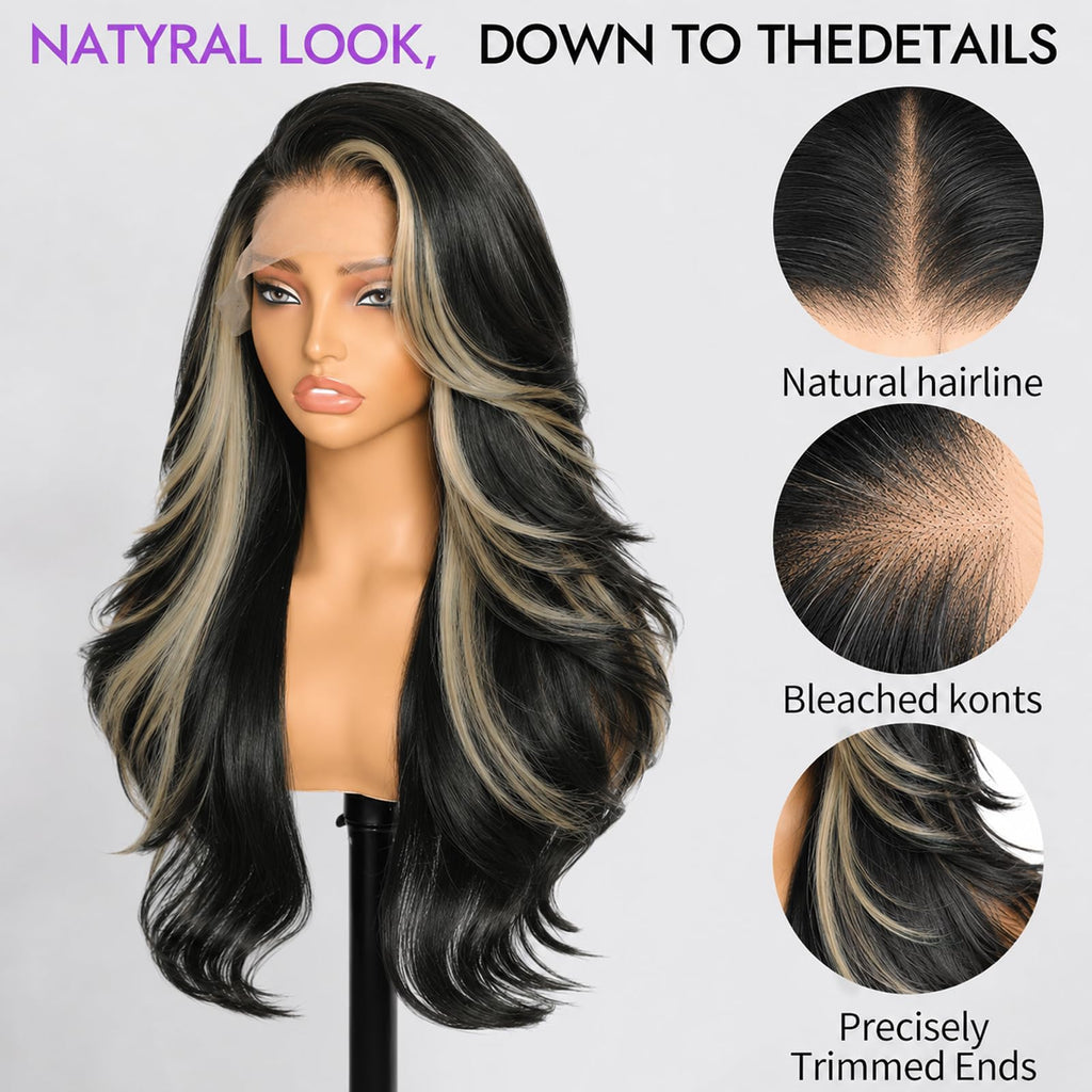 13x4 HD Lace Front Glueless Wigs for Women Black Long Layered Wave Wig Natural Hairline Heat Resistant Synthetic for Daily Use Beginner Friendly 26 Inch