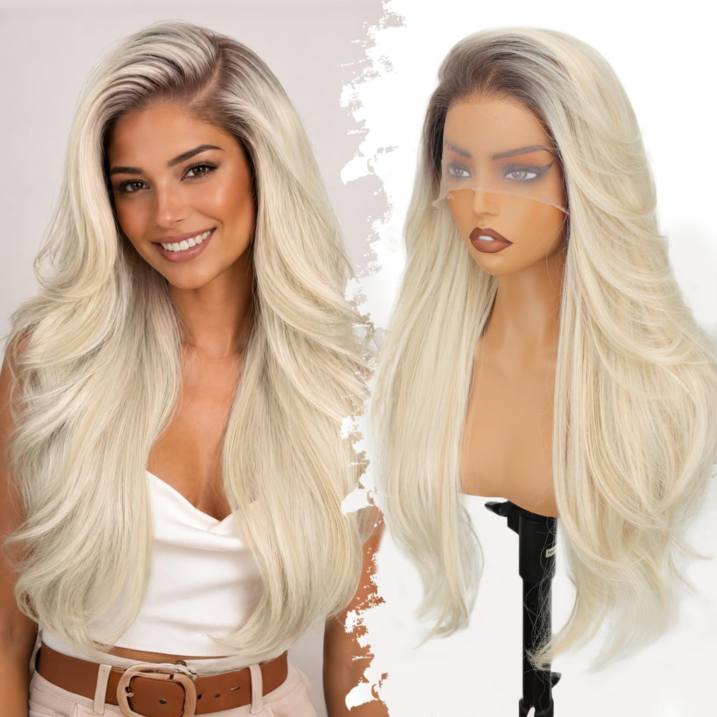 13x4 HD Lace Front Glueless Wigs for Women Black Long Layered Wave Wig Natural Hairline Heat Resistant Synthetic for Daily Use Beginner Friendly 26 Inch