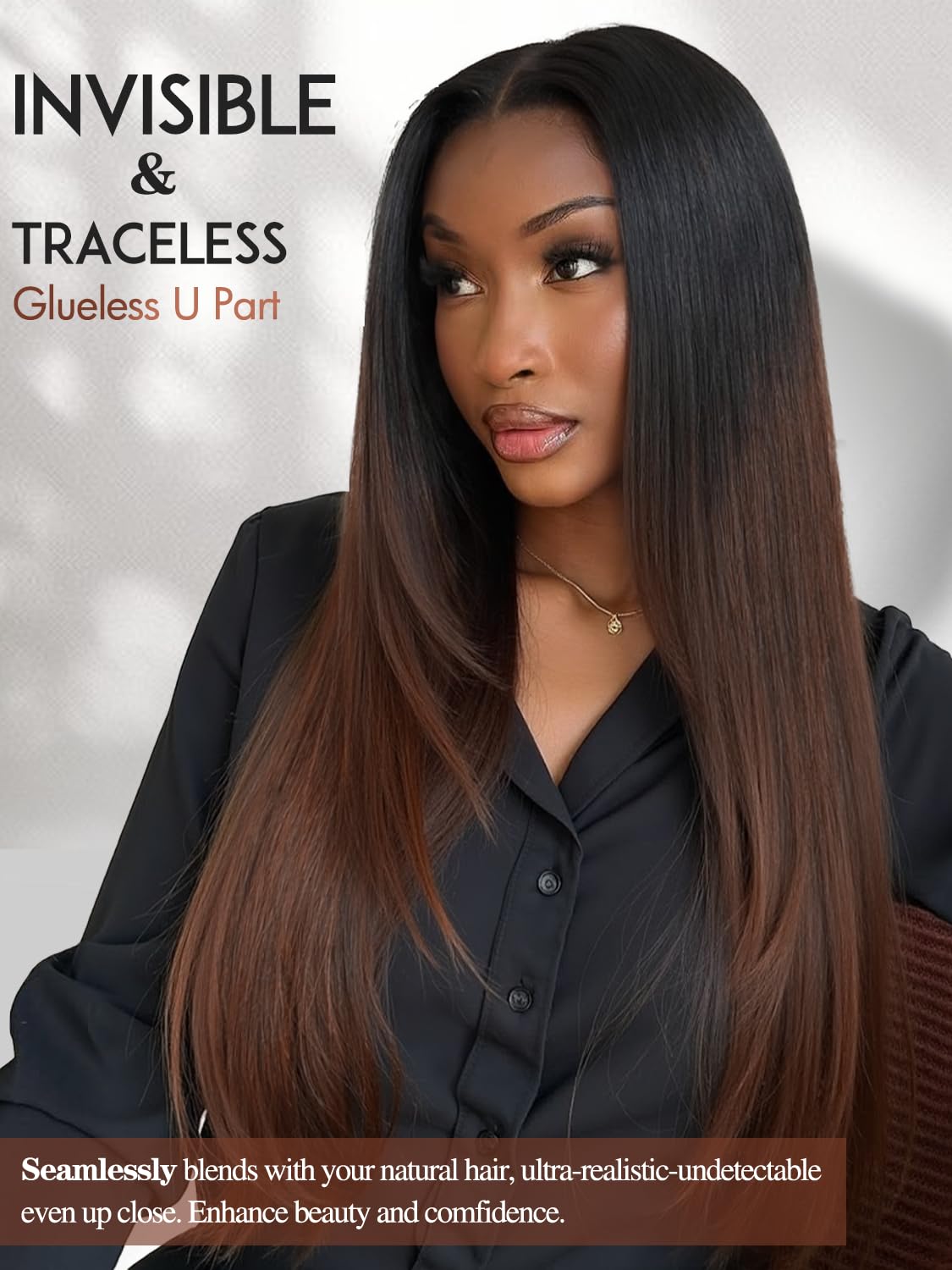Yaki Straight Layered U Part Wigs V Part Glueless Clip in Half Wigs for Women Realistic Natural Looking Heat Resistant Synthetic Hair(24inch,Natural Black)