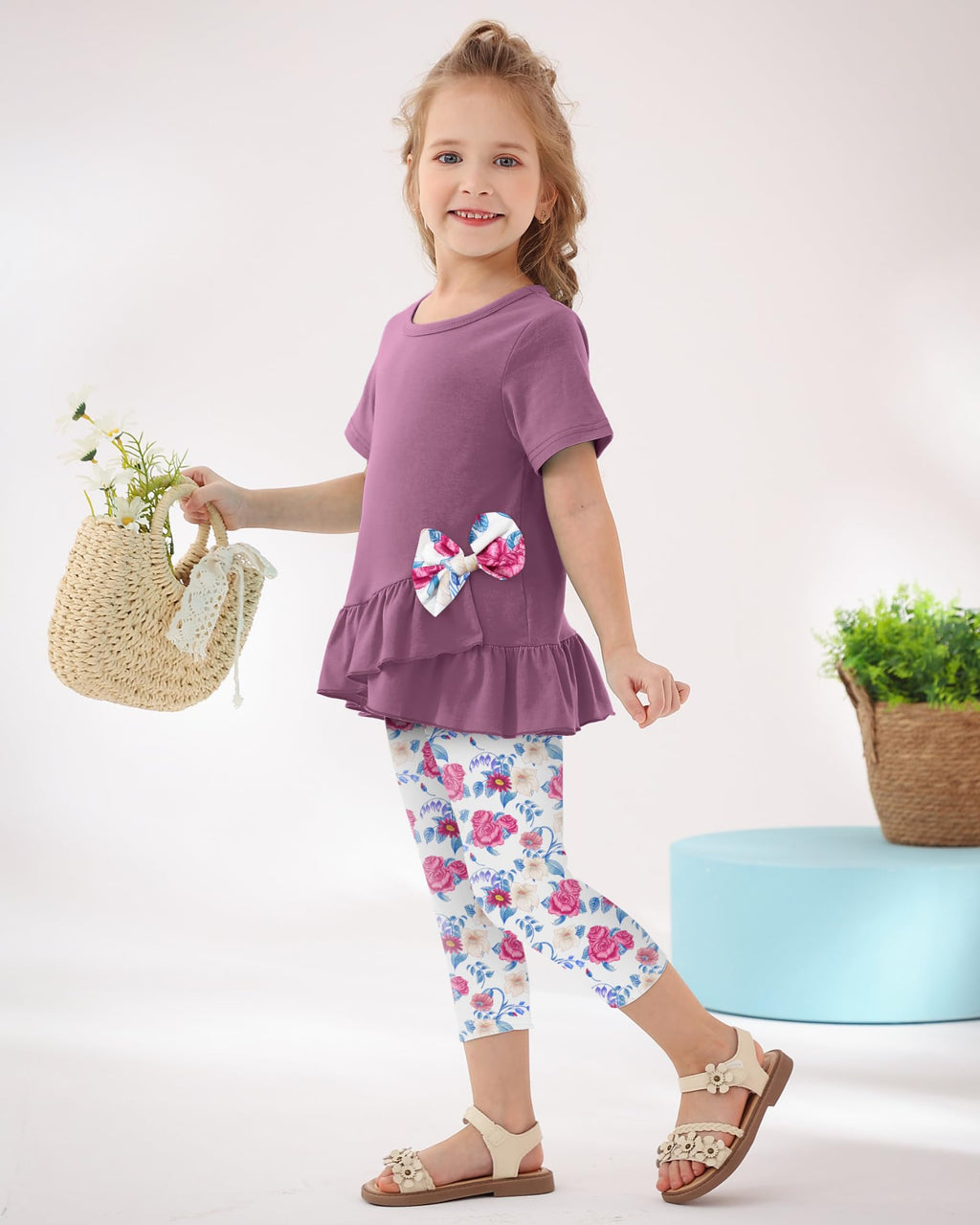 Toddler Girl Clothes 2-8Years Girls Outfit, Short Sleeve Ruffle Bowknot Top+Floral Capri Pants 2Pcs Spring Summer Set