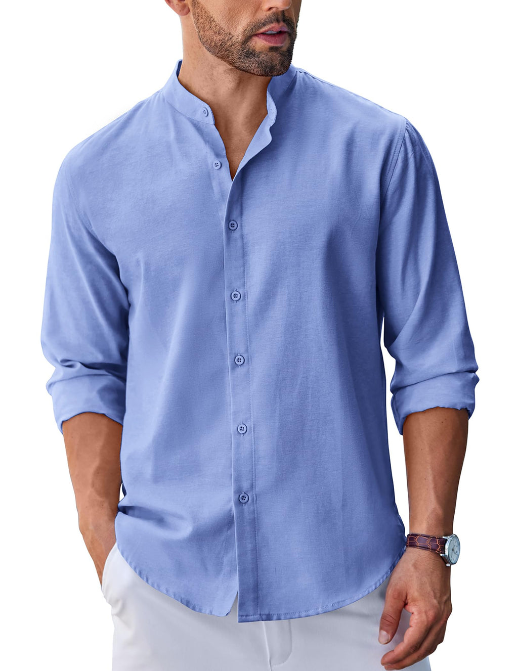 Men's Long Sleeve Oxford Dress Shirts Button Down Shirt Casual Band Collar Shirts