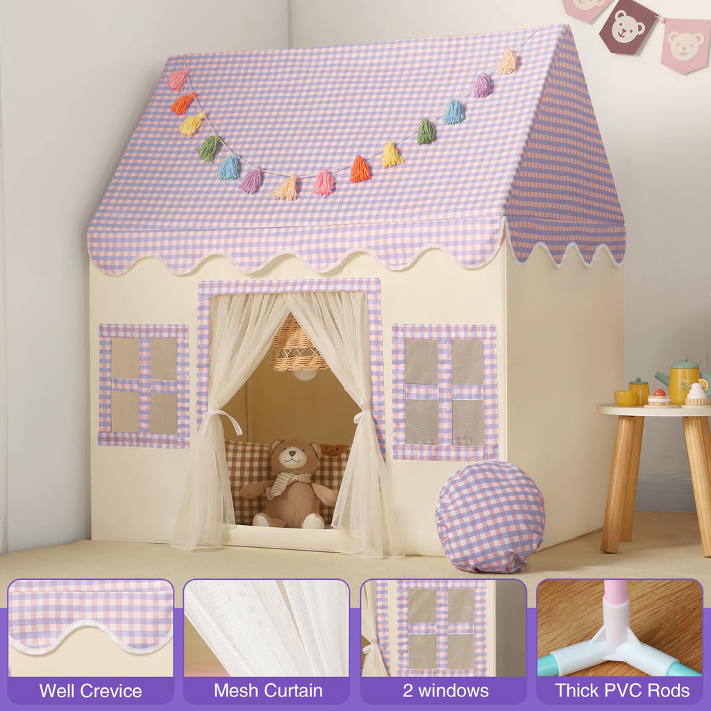 Kids Play Tent Indoor: with Mat, Tassel Garland, Star Lights - Girl Tent Indoor Playhouse for Kids Toys for Boy Girl Birthday Gift
