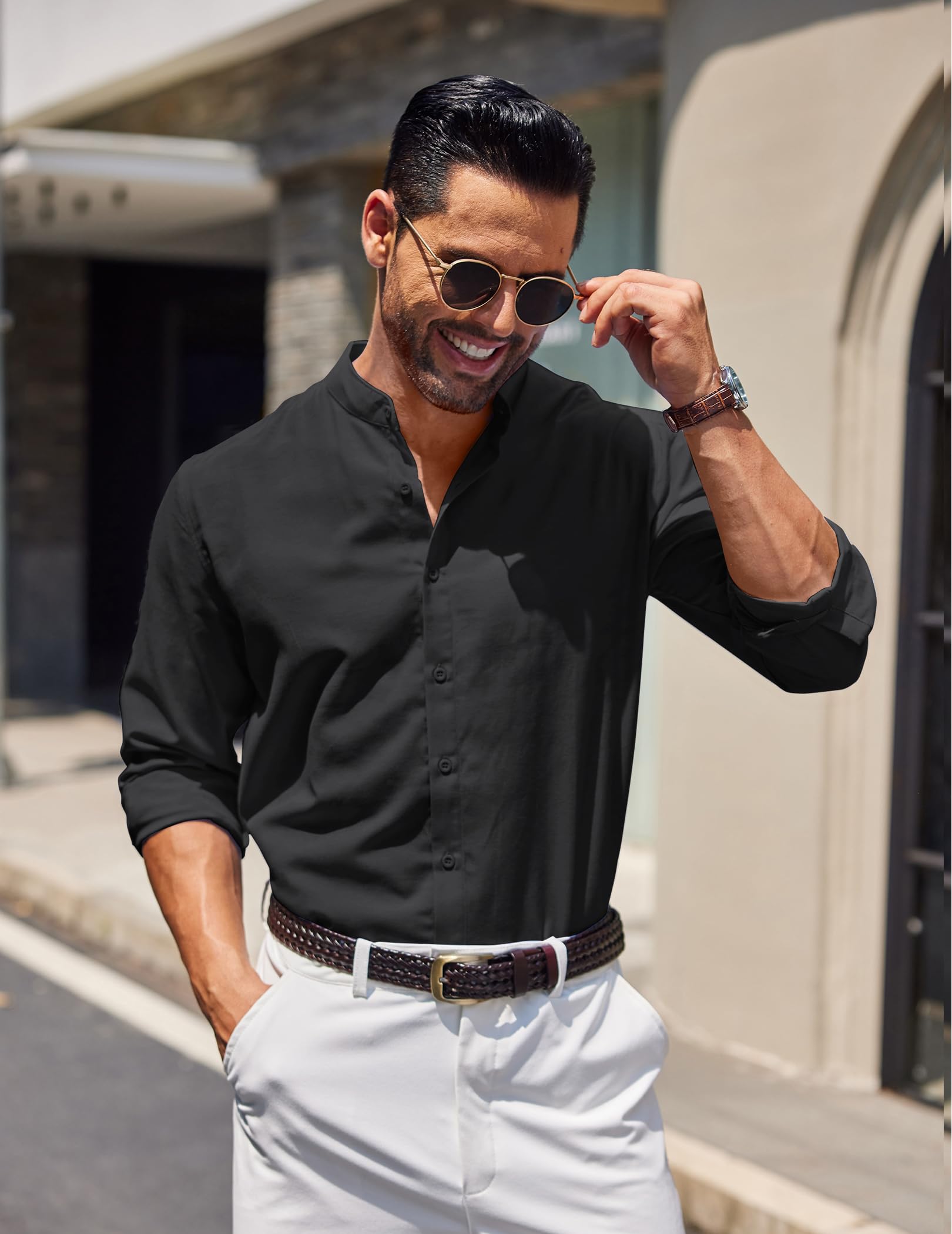 Men's Long Sleeve Oxford Dress Shirts Button Down Shirt Casual Band Collar Shirts
