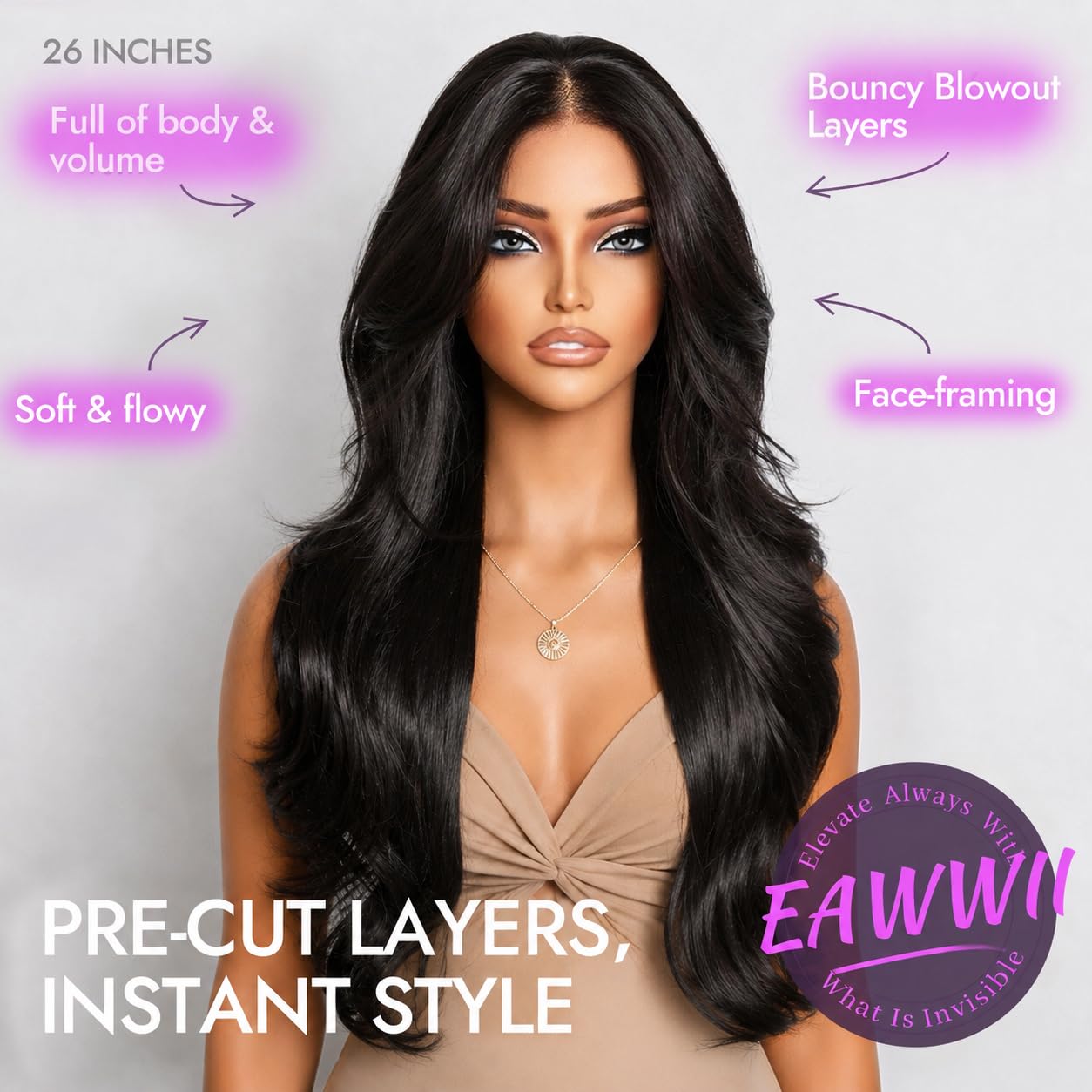 13x4 HD Lace Front Glueless Wigs for Women Black Long Layered Wave Wig Natural Hairline Heat Resistant Synthetic for Daily Use Beginner Friendly 26 Inch