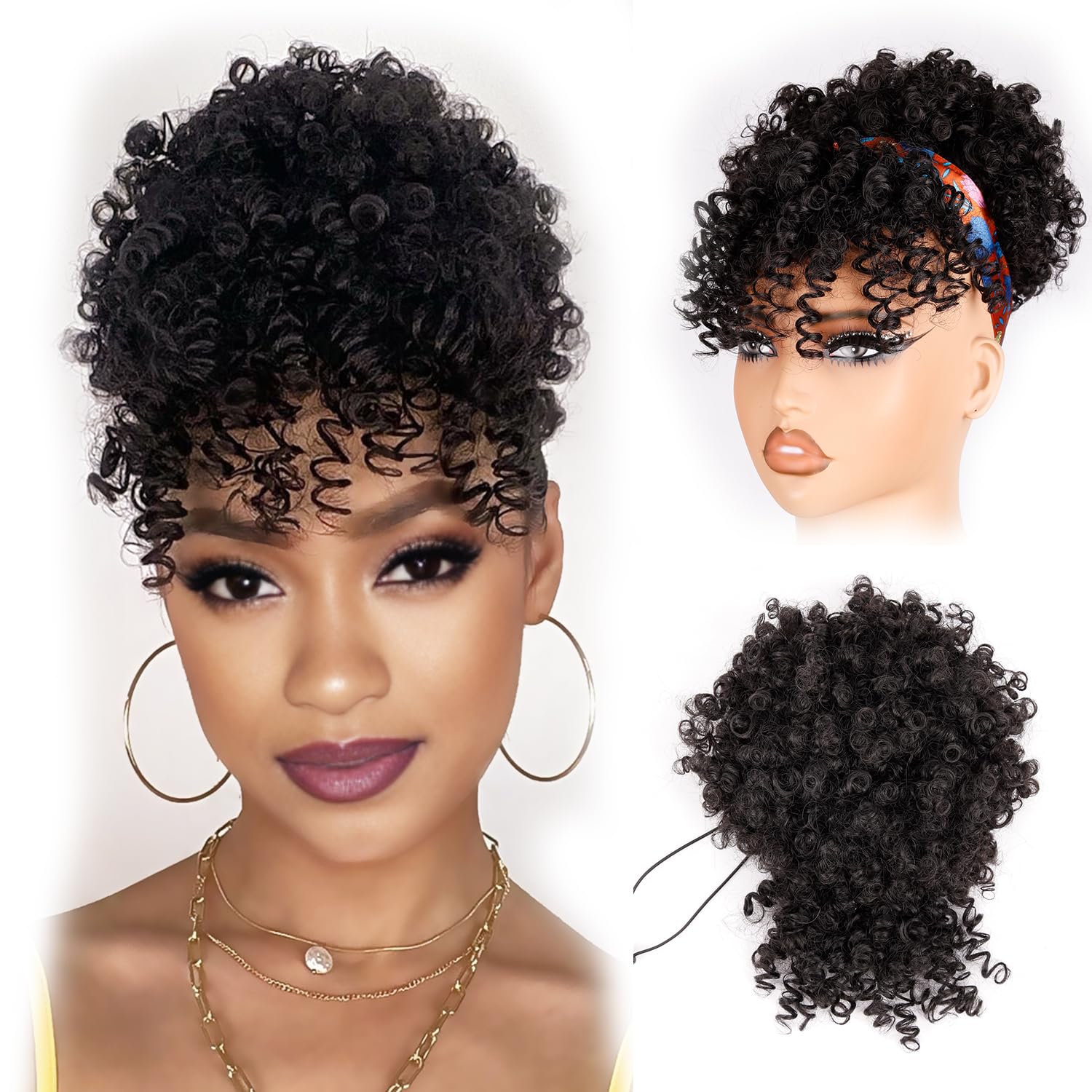 Drawstring Ponytail for Black Women, Afro Puff Kinky Curly Hair Ponytail Extension with Bangs Black Updo Natural Hair Ponytail (1B Natural Black)