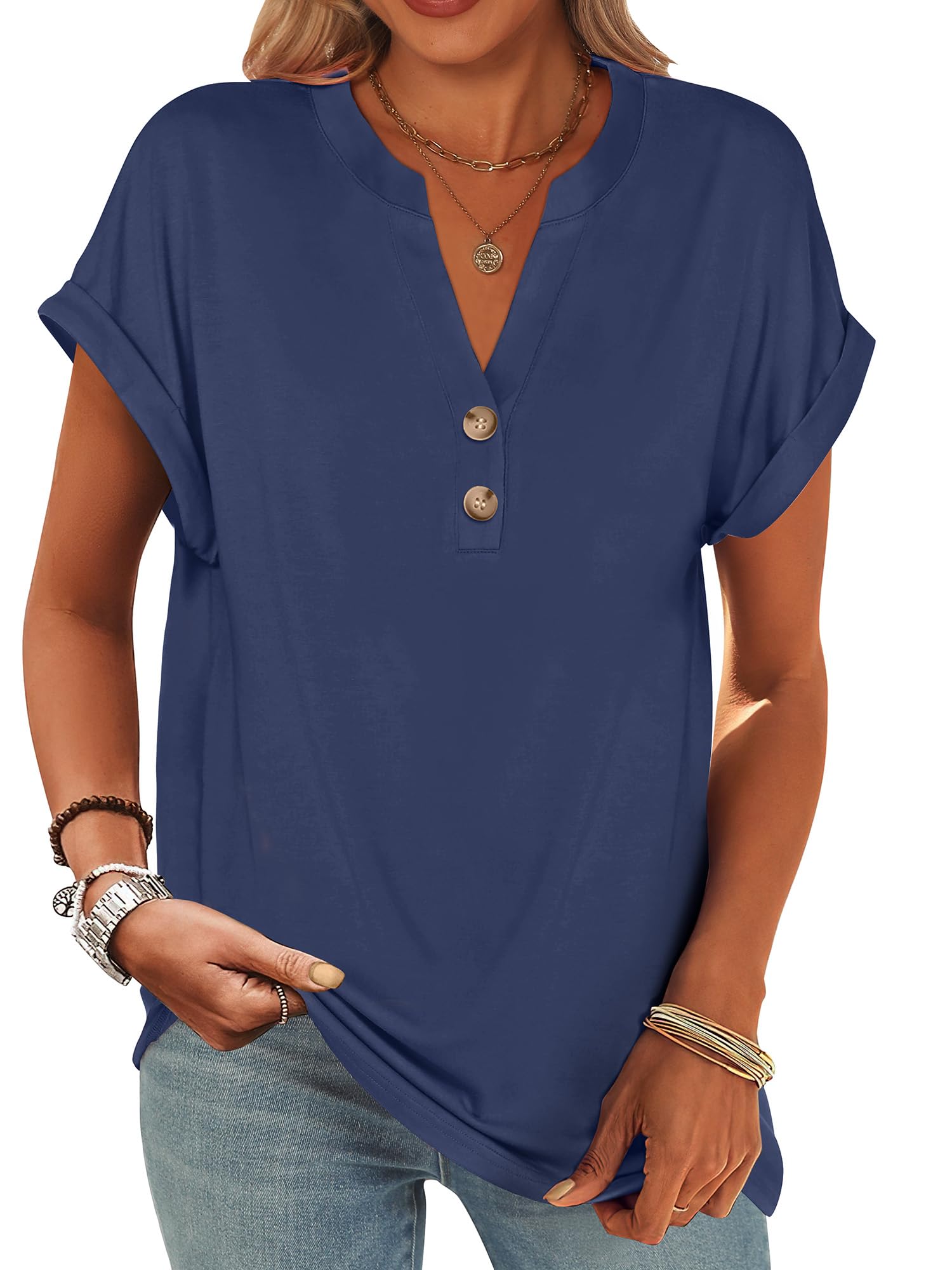 ANRABESS Womens Short Sleeve Henley Tops V Neck Dressy Casual Blouses Summer Trendy Tee Shirts 2026 Vacation Fashion Clothes