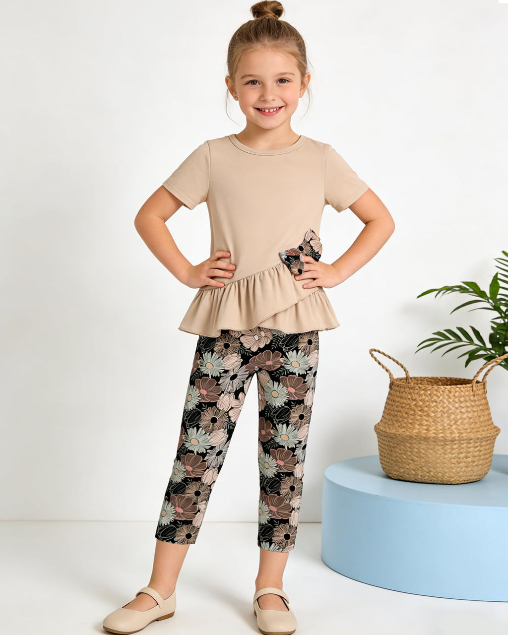 Toddler Girl Clothes 2-8Years Girls Outfit, Short Sleeve Ruffle Bowknot Top+Floral Capri Pants 2Pcs Spring Summer Set