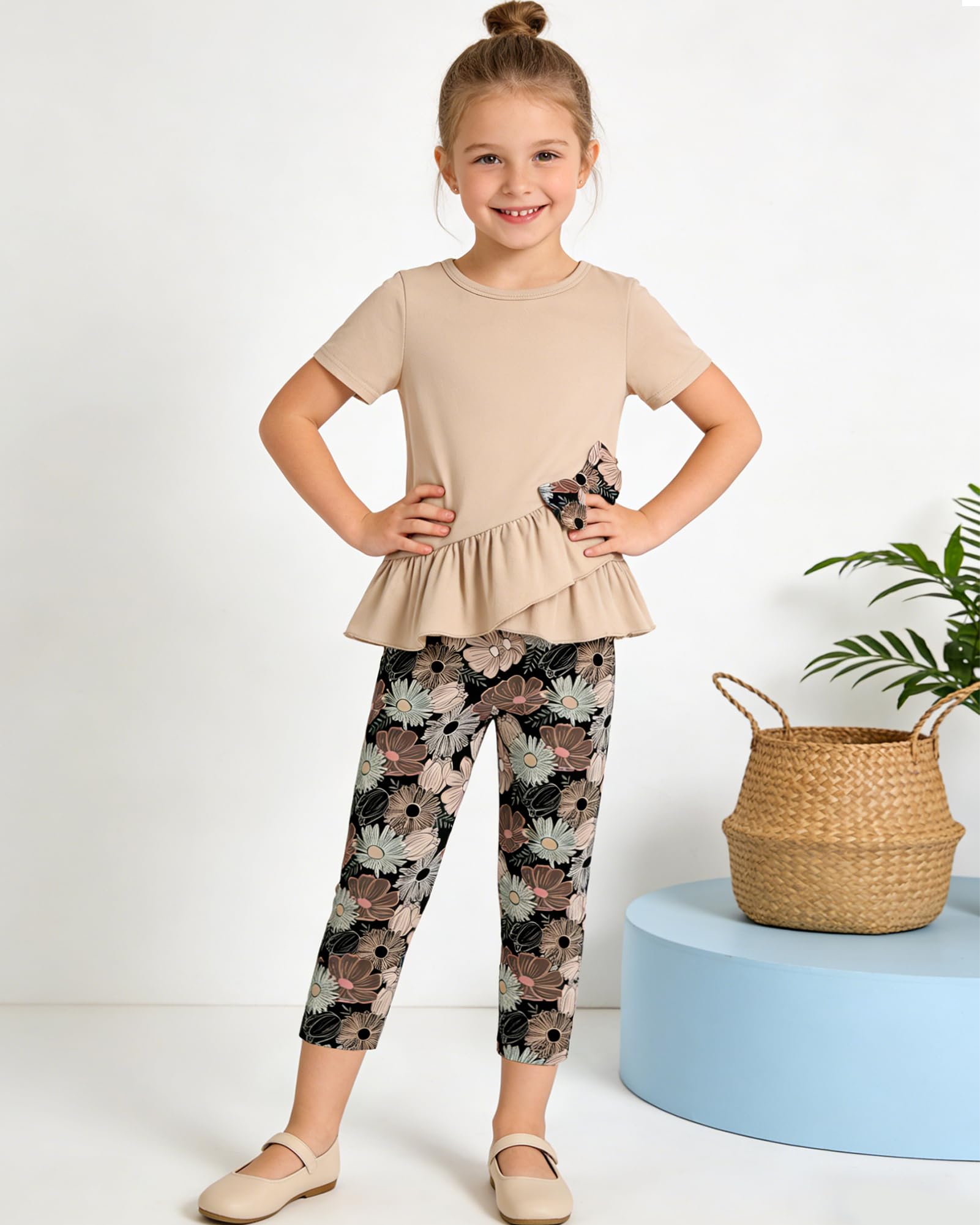 Toddler Girl Clothes 2-8Years Girls Outfit, Short Sleeve Ruffle Bowknot Top+Floral Capri Pants 2Pcs Spring Summer Set