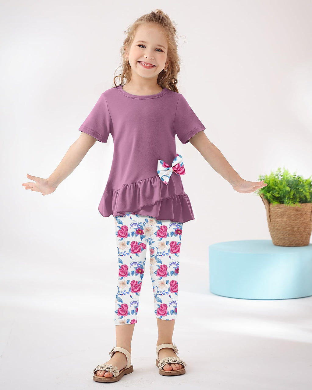 Toddler Girl Clothes 2-8Years Girls Outfit, Short Sleeve Ruffle Bowknot Top+Floral Capri Pants 2Pcs Spring Summer Set