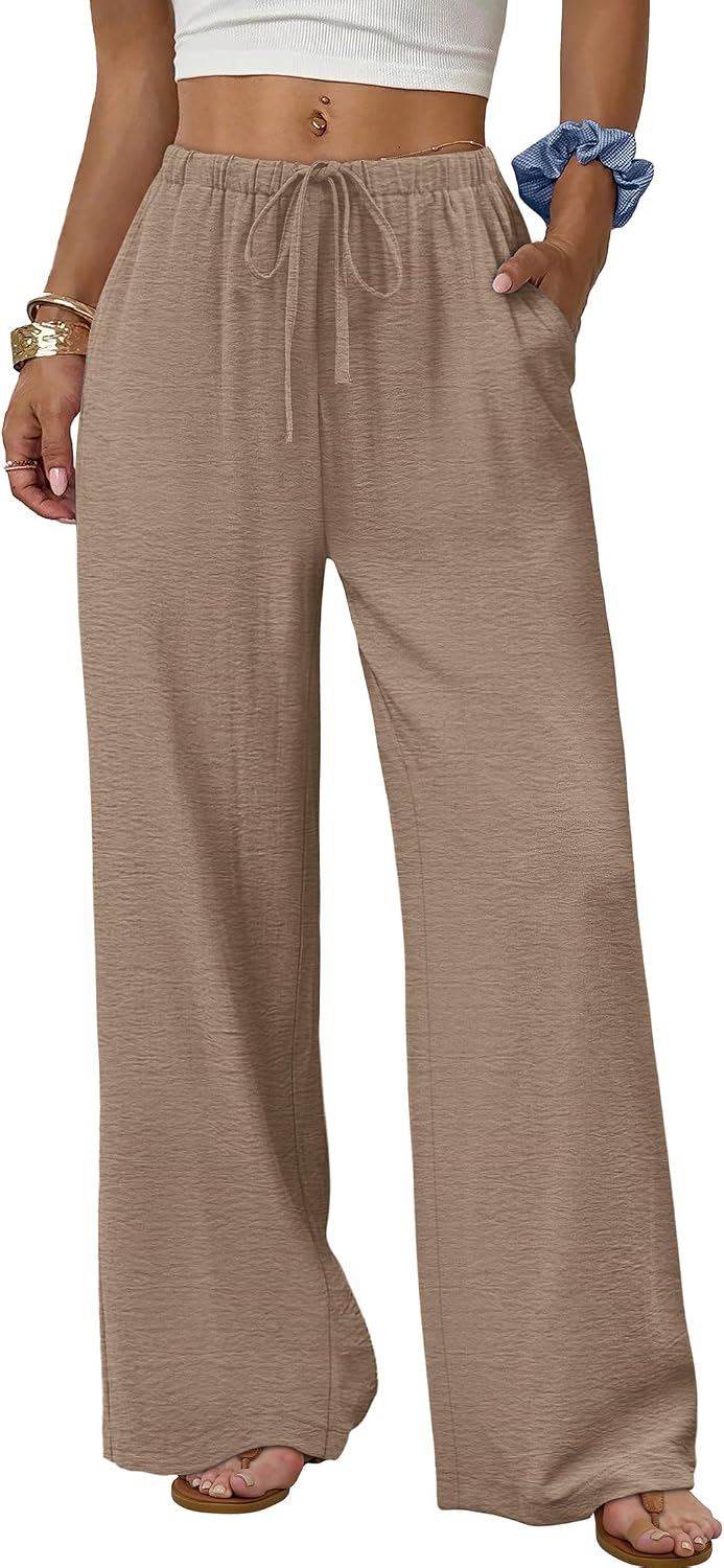 Wide Leg Pants for Women Flowy Palazzo Drawstring Elastic Waist Trousers with Pockets Summer Beach Vacation Clothes