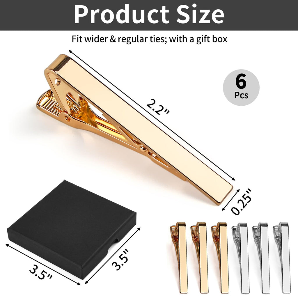 6 Pcs Tie Clips for Men, Classic Shiny & Glossy Tie Bar, Ideal for Father, Husband, Boyfriend, Business, Wedding, Tie Pins with Gift Box