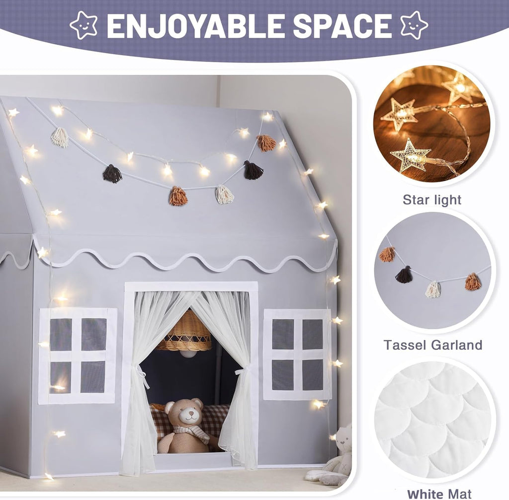 Kids Play Tent Indoor: with Mat, Tassel Garland, Star Lights - Girl Tent Indoor Playhouse for Kids Toys for Boy Girl Birthday Gift
