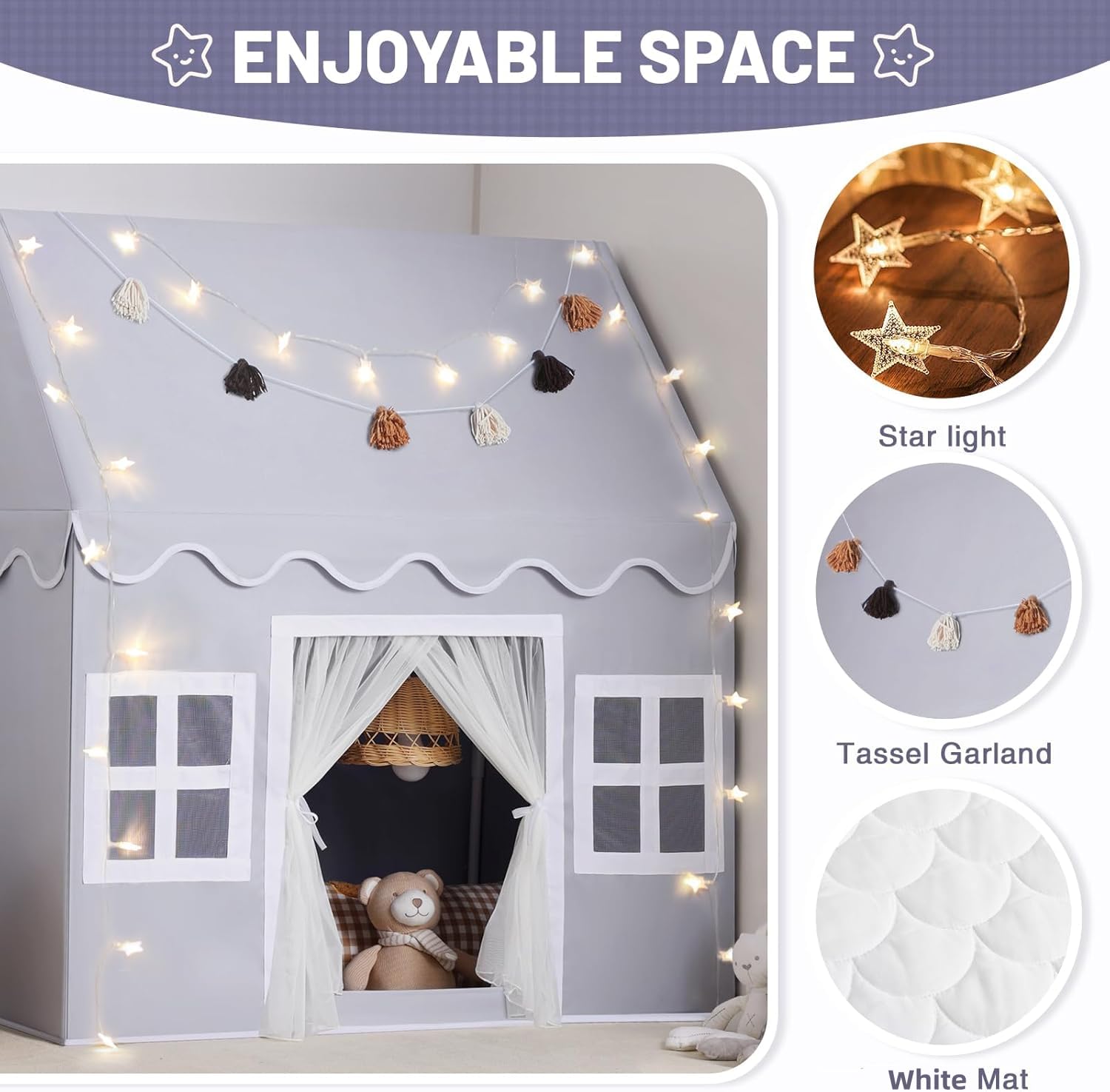 Kids Play Tent Indoor: with Mat, Tassel Garland, Star Lights - Girl Tent Indoor Playhouse for Kids Toys for Boy Girl Birthday Gift