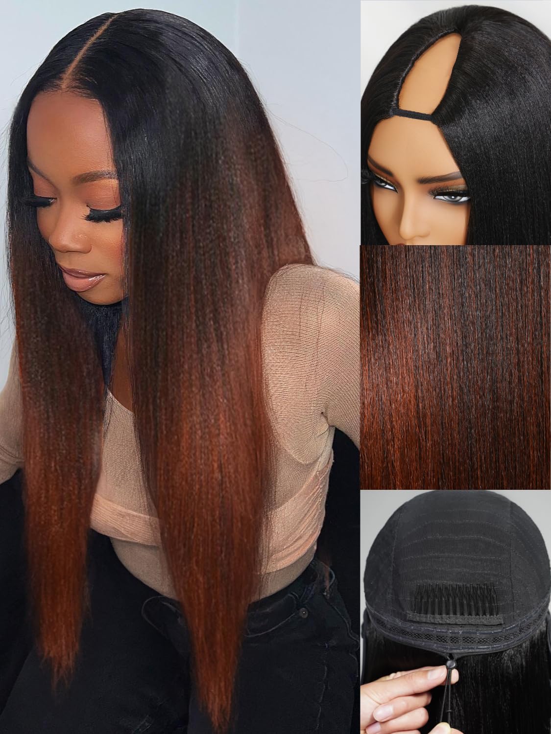 Golden Brown Highlight Glueless Yaki Straight Precut 7x5 Lace Front Wigs Human Hair Drawstring Ombre Pre Plucked Bleached Knots 30S Ready to Wear and Go Wig with Dark Roots 16Inch