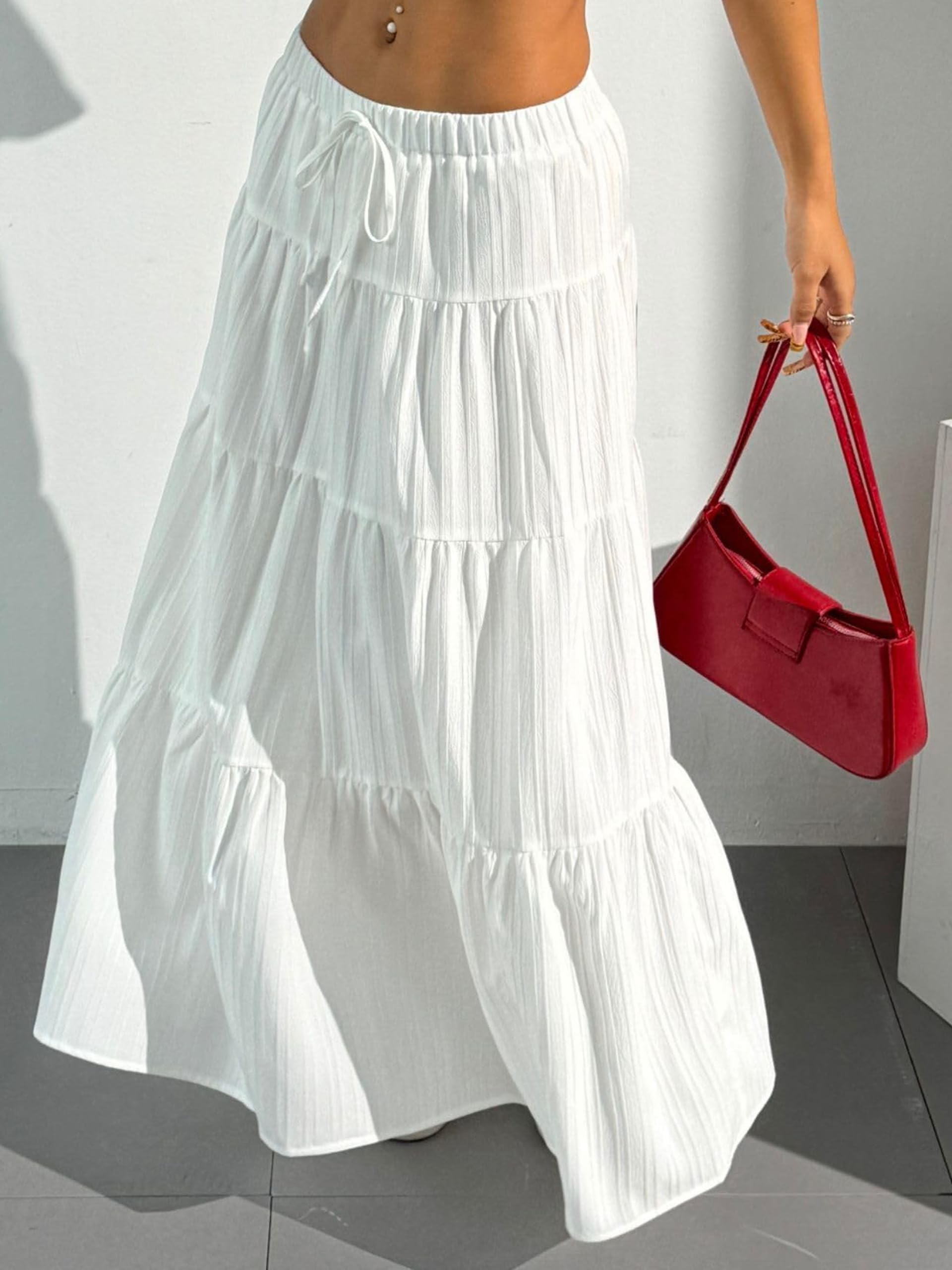 Women's Boho Flowy White Maxi Skirt Flared Ruffle Elastic Waist Summer A Line 2026 Spring Long Skirts