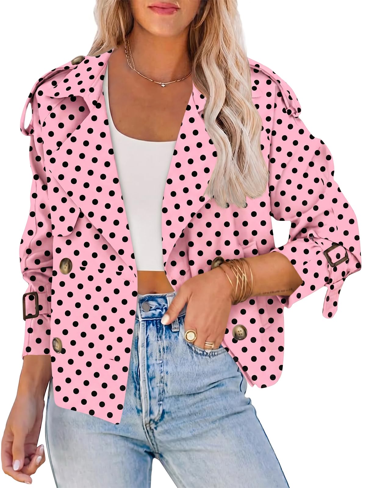 Women Crop Double Breasted Trench Coat Raglan Sleeve Work Office Cropped Jacket With Pockets