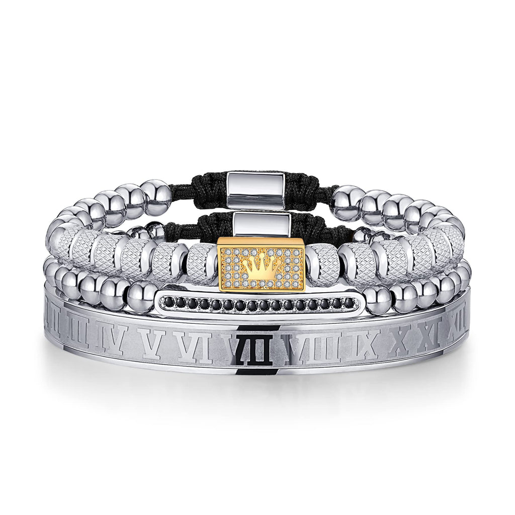 3PCS Stainless Steel Bracelets for Men Gold Roman Numeral Bangle Bracelet Twisted Cable Bracelet Adjustable Cuff Bracelet Mens Luxury Jewelry Bracelets Gifts