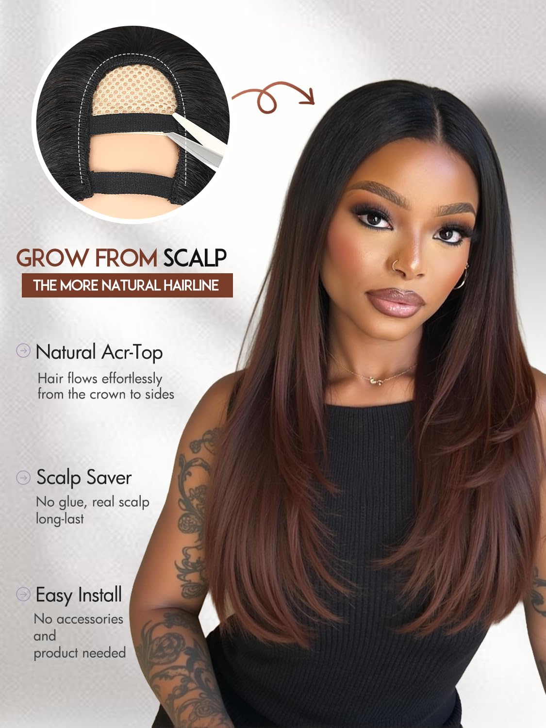 Yaki Straight Layered U Part Wigs V Part Glueless Clip in Half Wigs for Women Realistic Natural Looking Heat Resistant Synthetic Hair(24inch,Natural Black)